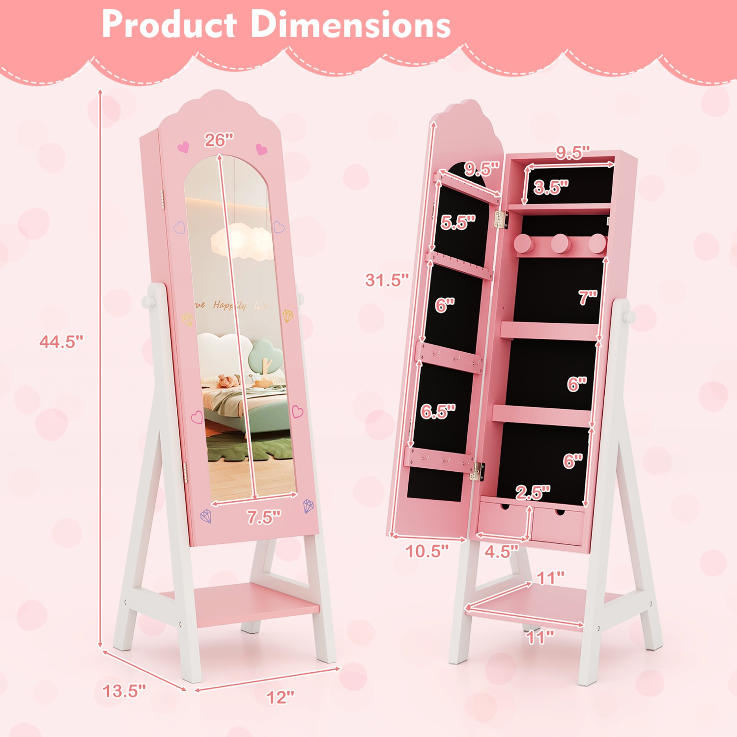 Gymax Kids Vanity Set Princess Makeup Dressing Table & Chair Set w/ Jewelry Armoire Pink