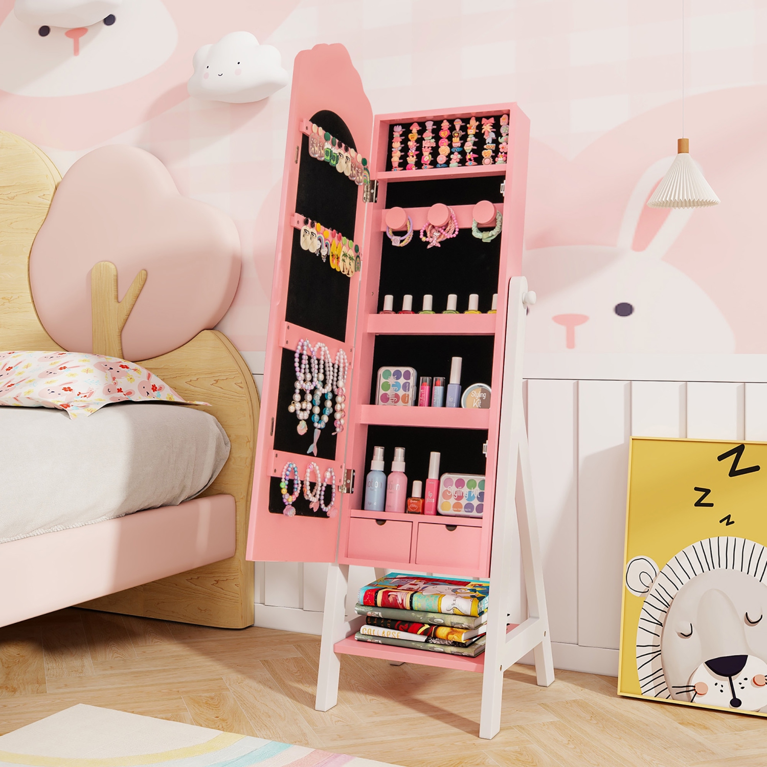 Gymax Kids Vanity Set Princess Makeup Dressing Table & Chair Set w/ Jewelry Armoire Pink