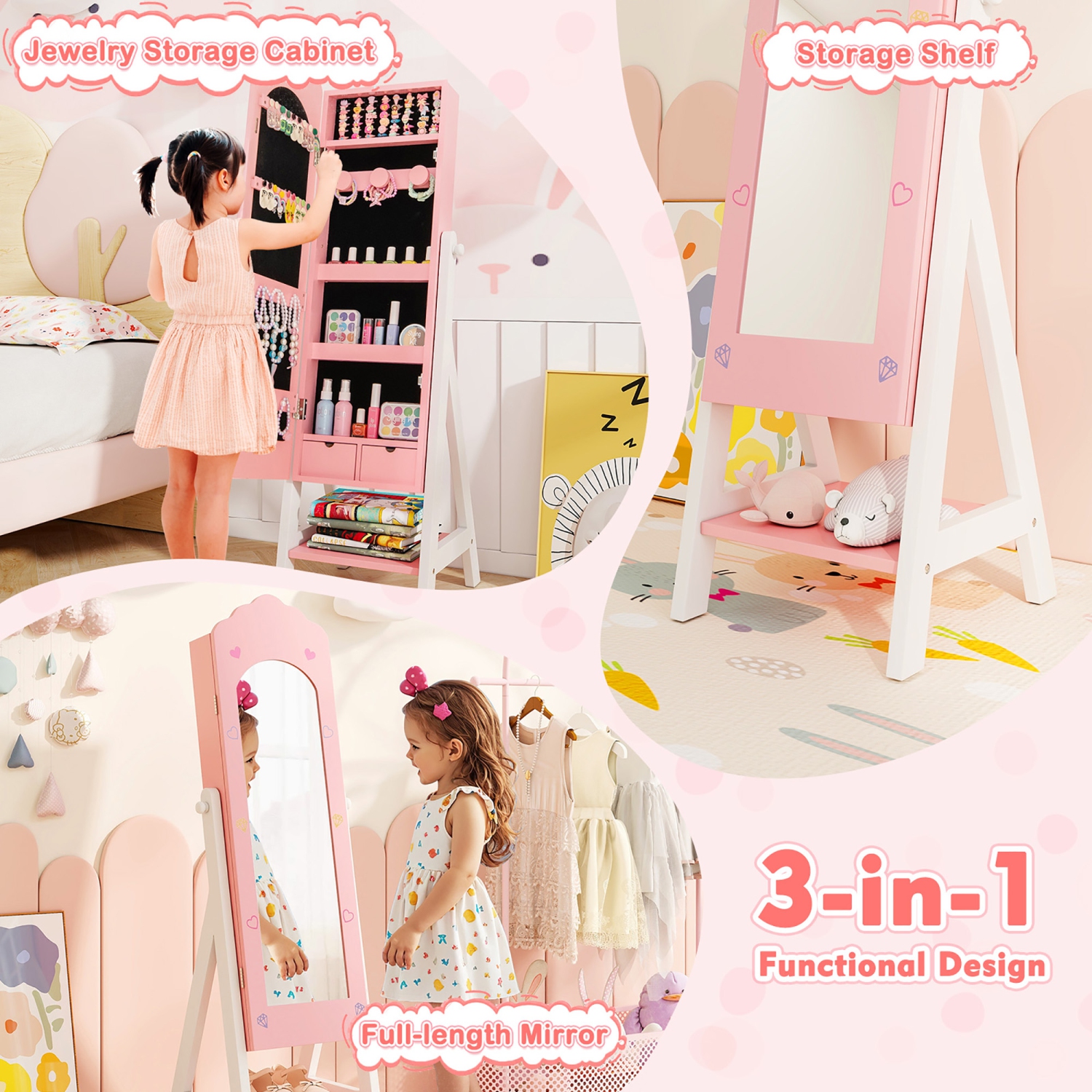 Gymax Kids Vanity Set Princess Makeup Dressing Table & Chair Set w/ Jewelry Armoire Pink