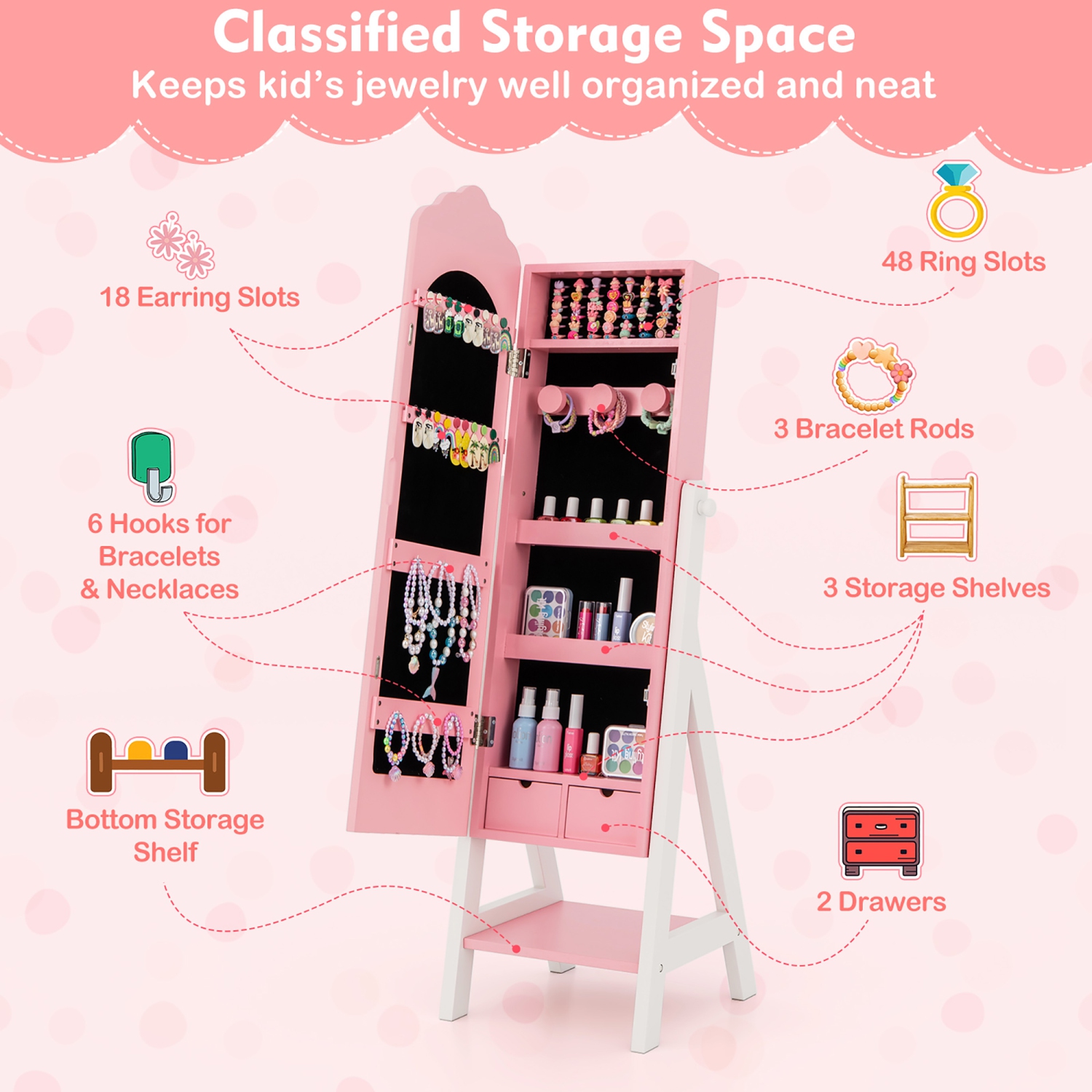 Gymax Kids Vanity Set Princess Makeup Dressing Table & Chair Set w/ Jewelry Armoire Pink