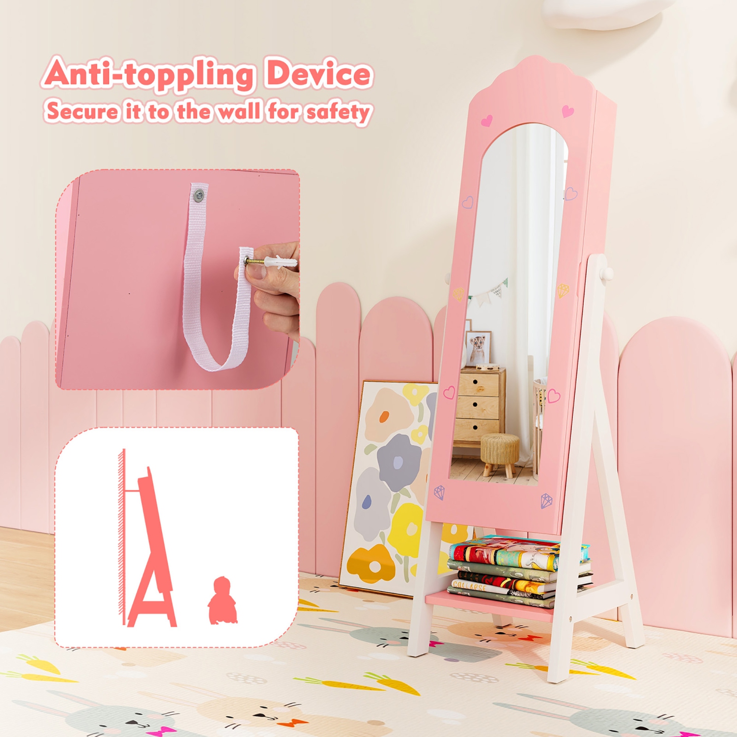 Gymax Kids Vanity Set Princess Makeup Dressing Table & Chair Set w/ Jewelry Armoire Pink