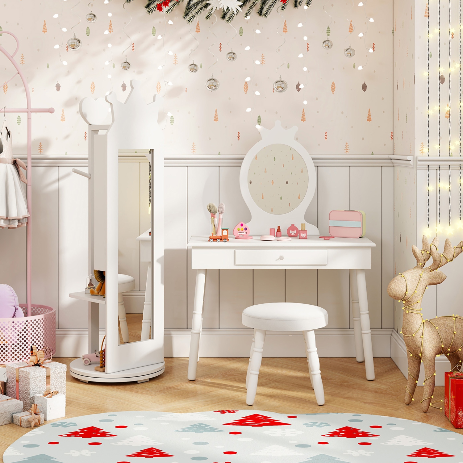 Gymax Kids Vanity Set Princess Makeup Dressing Table & Chair Set w/ Coat Rack White