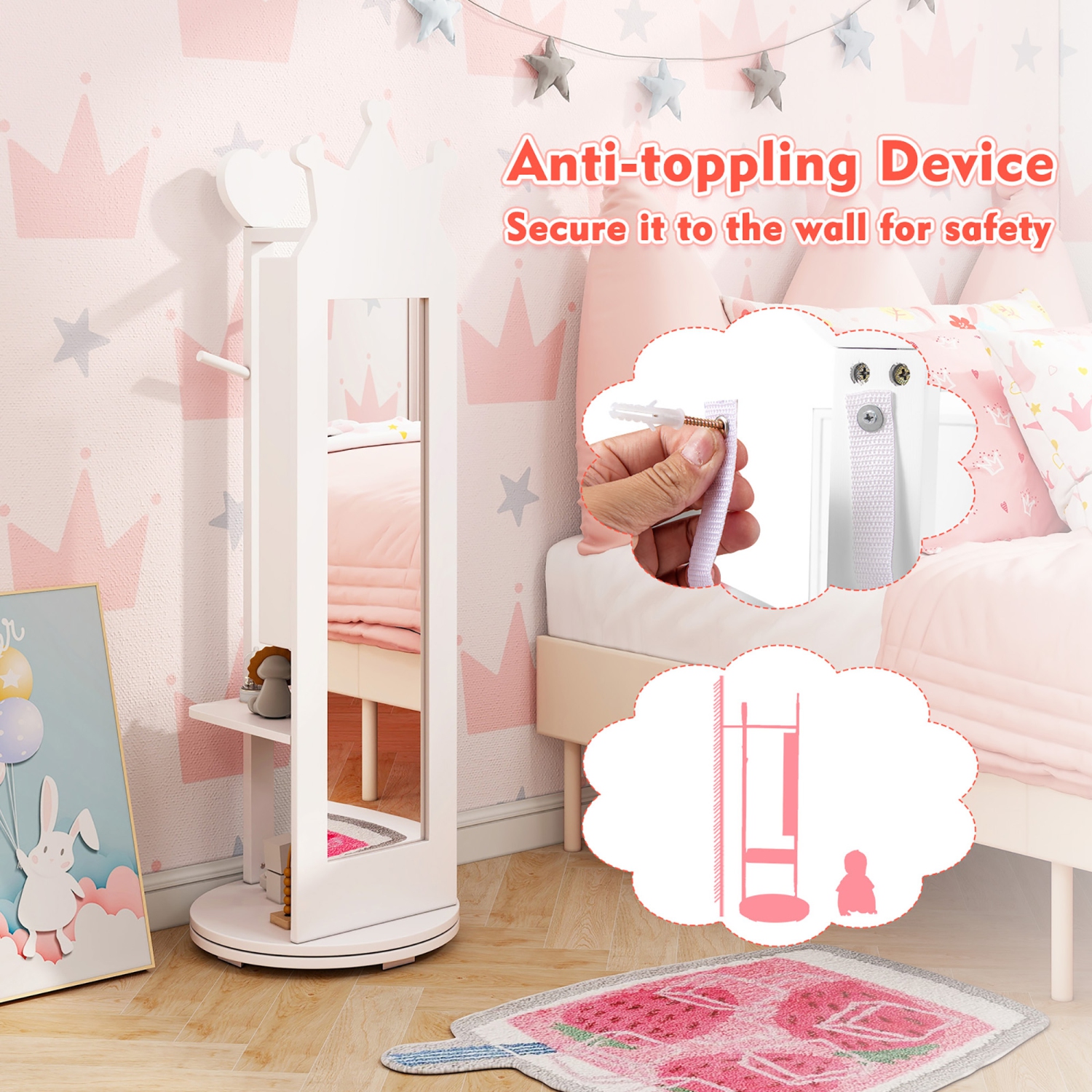 Gymax Kids Vanity Set Princess Makeup Dressing Table & Chair Set w/ Coat Rack White