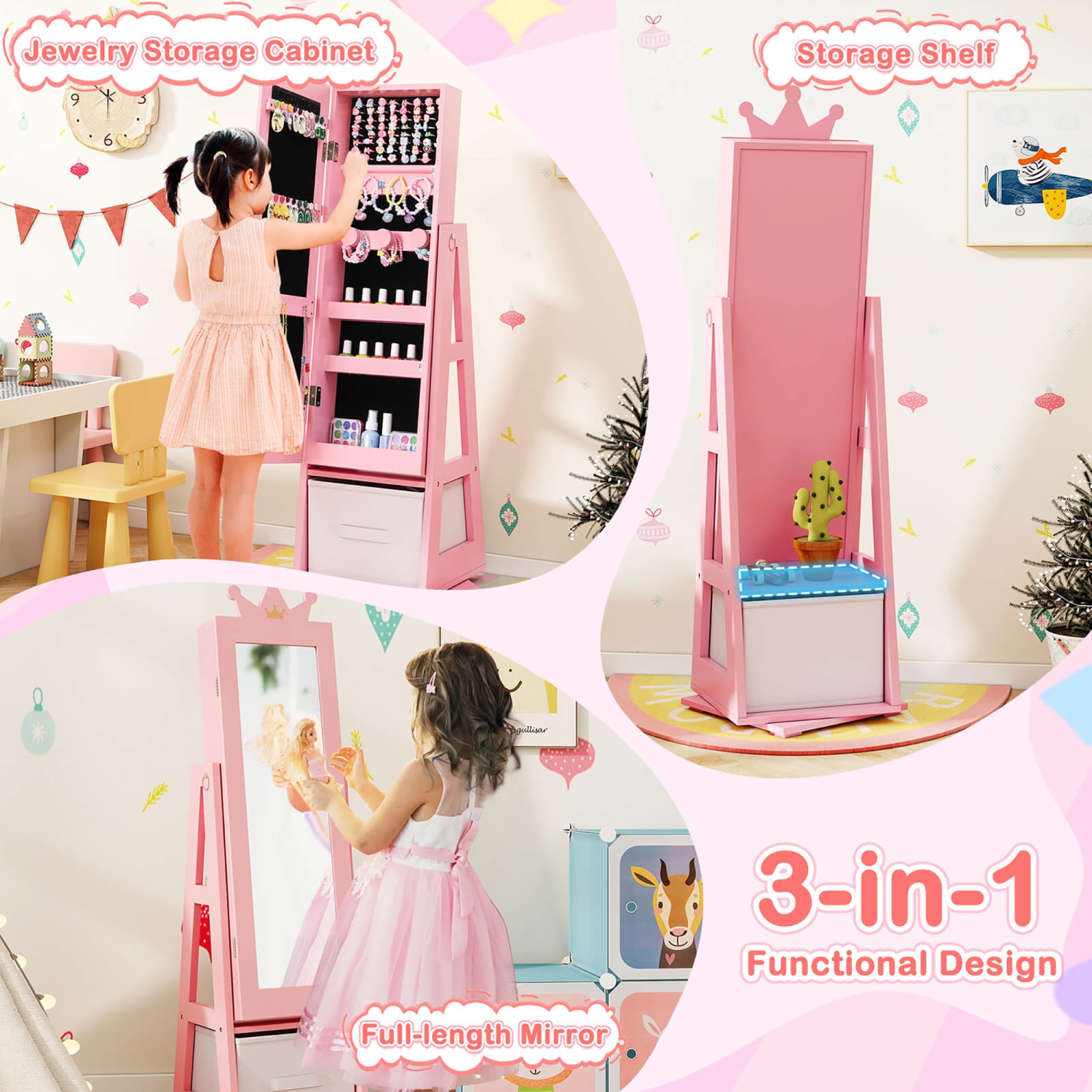 Gymax Kids Vanity Set Princess Makeup Dressing Table & Chair Set w/ Jewelry Armoire Pink