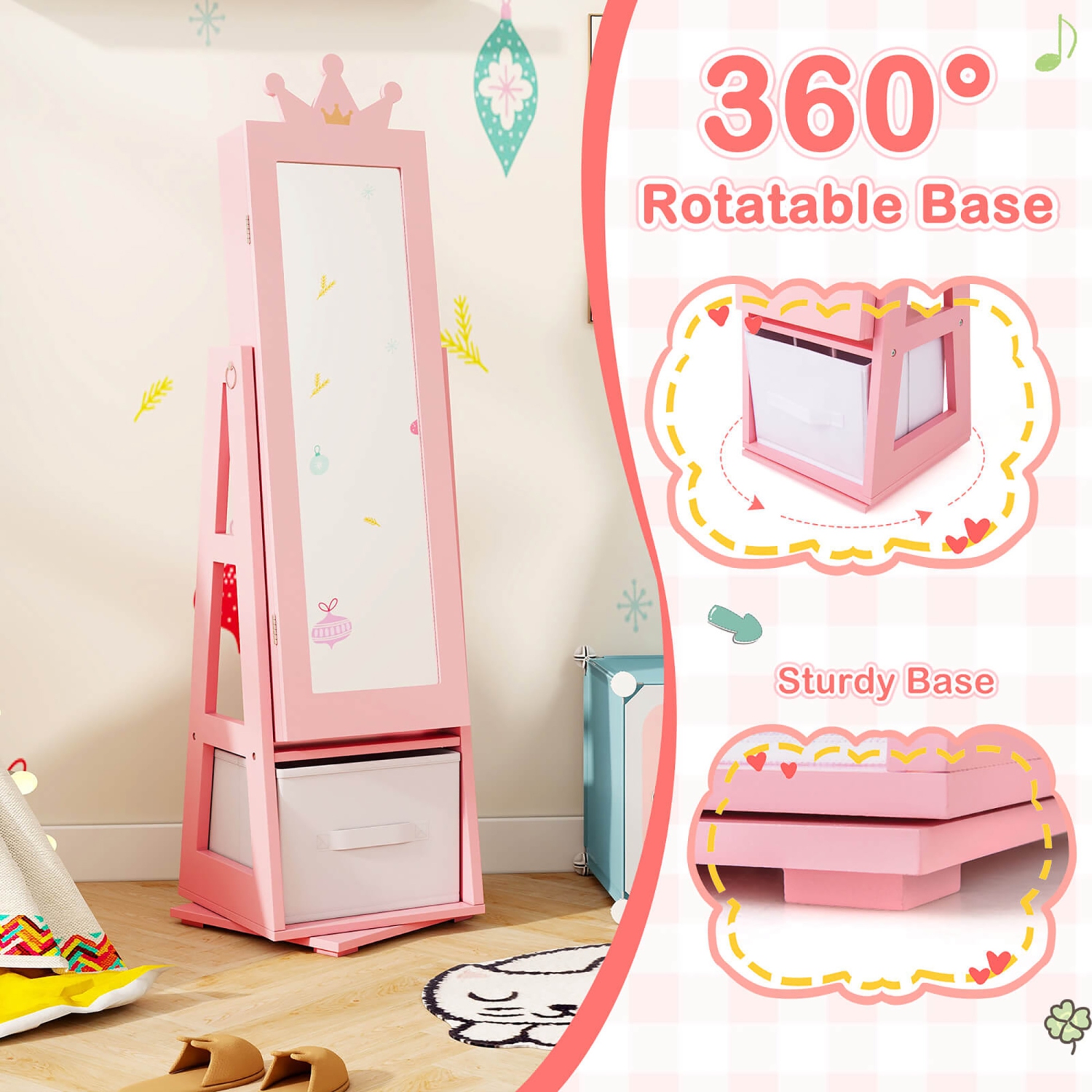 Gymax Kids Vanity Set Princess Makeup Dressing Table & Chair Set w/ Jewelry Armoire Pink