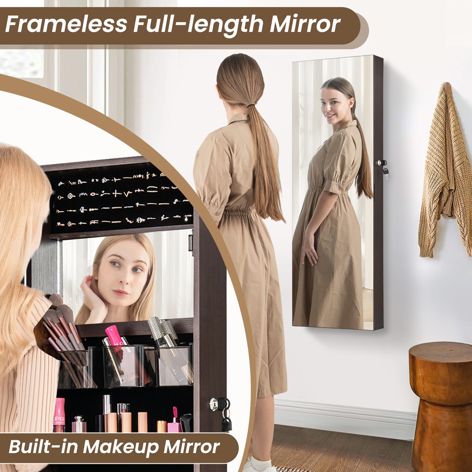 Gymax 43.5'' Jewelry Mirror Cabinet w/ Full-length Mirror & Interior Makeup Mirror