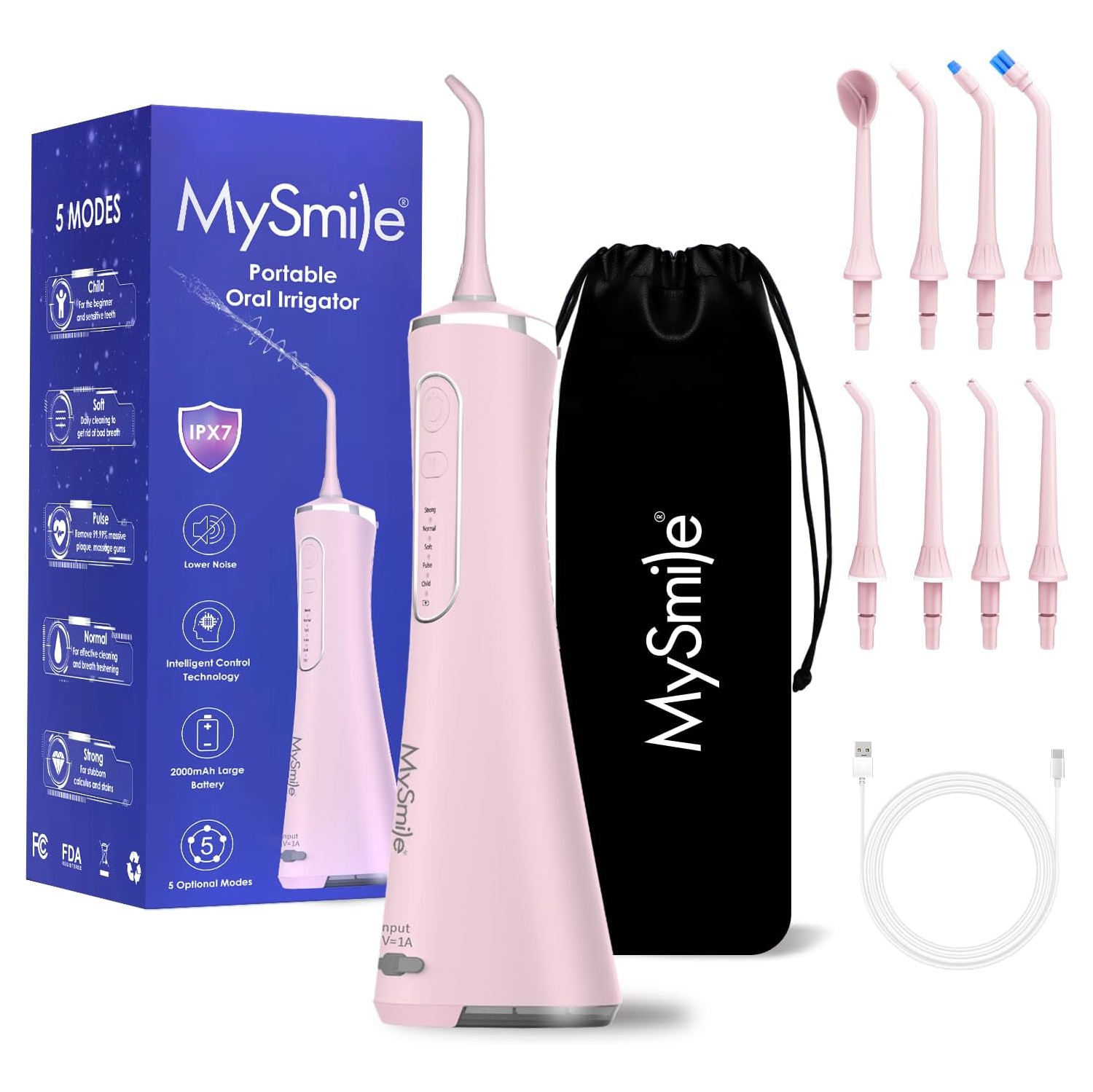 MySmile LP211 Cordless Advanced Water Flossers for Teeth, 5 Cleaning Modes Rechargeable Power Dental Flosser 8 Replacement Jet Tips IPX 7 Waterproof
