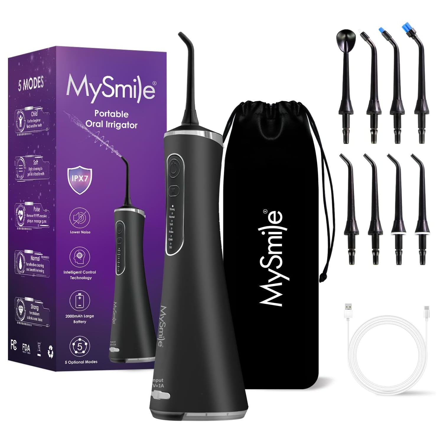 MySmile LP211 Cordless Advanced Water Flossers for Teeth, 5 Cleaning Modes Rechargeable Power Dental Flosser 8 Replacement Jet Tips IPX 7 Waterproof