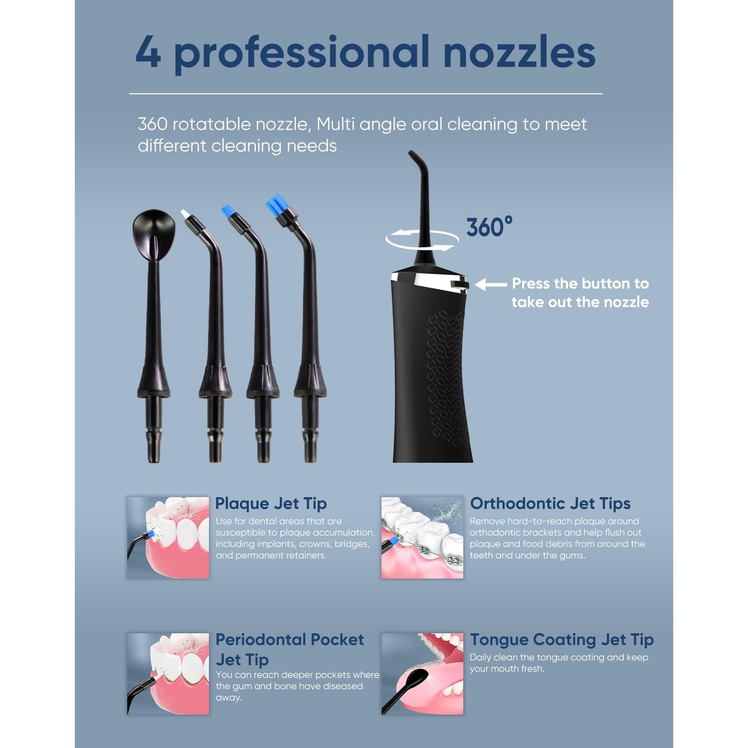 MySmile LP211 Cordless Advanced Water Flossers for Teeth, 5 Cleaning Modes Rechargeable Power Dental Flosser 8 Replacement Jet Tips IPX 7 Waterproof