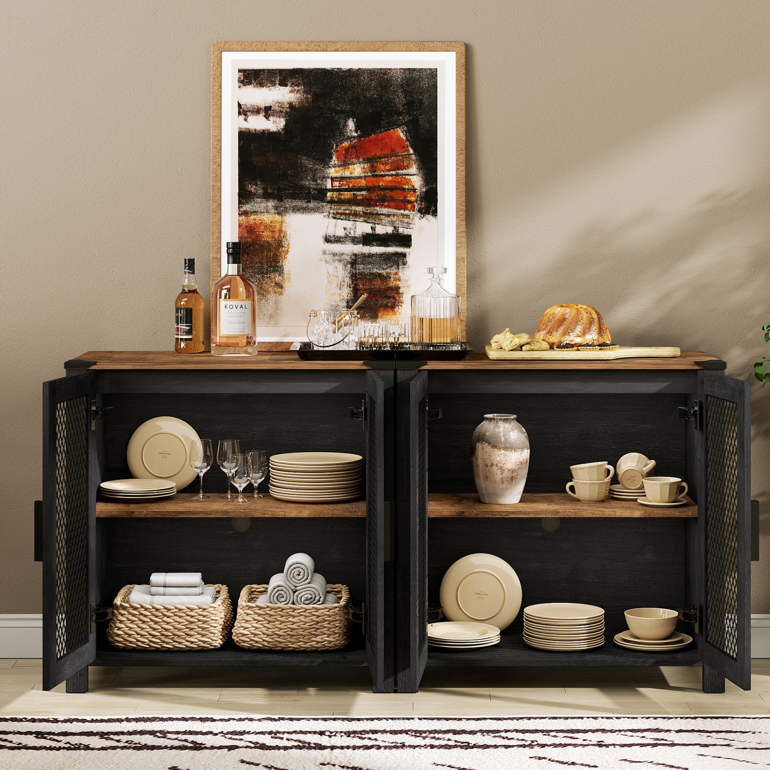 Sideboard Buffet Cabinets with 4-Mesh Door, Kitchen Storage Cabinets with Adjustable Shelf, Wood Coffee Bar Accent Storage Table Cabinet for Dining,