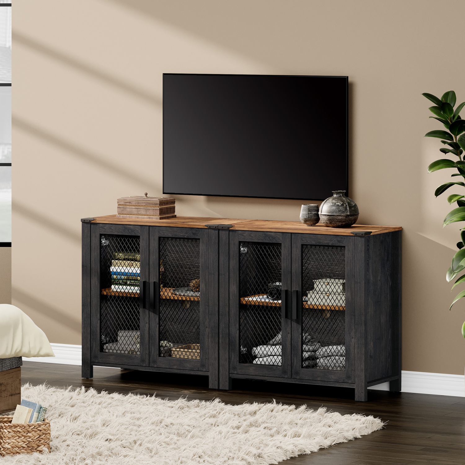 Sideboard Buffet Cabinets with 4-Mesh Door, Kitchen Storage Cabinets with Adjustable Shelf, Wood Coffee Bar Accent Storage Table Cabinet for Dining,