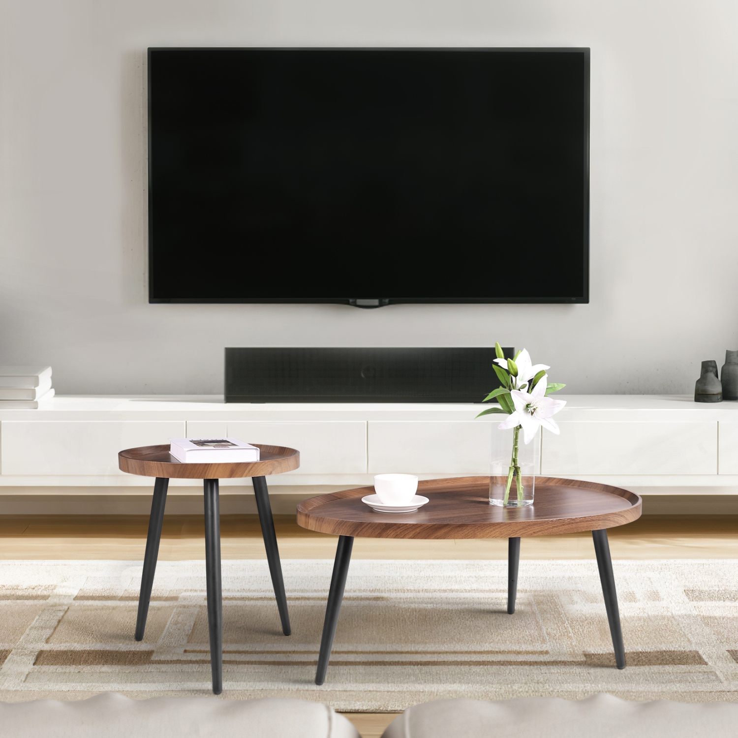 Oval Coffee Nesting Table: Set of 2 Coffee Accent Tables MDF Wooden Tabletop Sofa Side Table with Black Metal Triangle Legs Industrial Nests Center