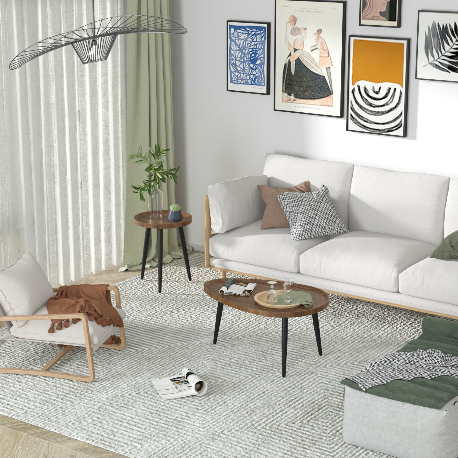 Oval Coffee Nesting Table: Set of 2 Coffee Accent Tables MDF Wooden Tabletop Sofa Side Table with Black Metal Triangle Legs Industrial Nests Center