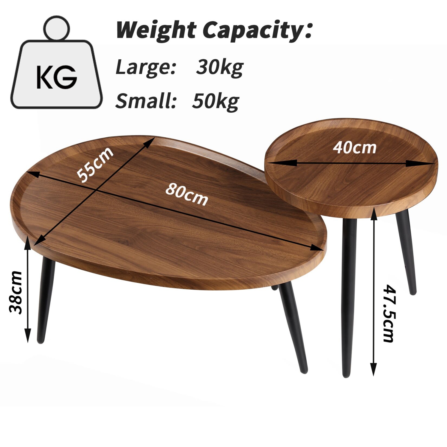 Oval Coffee Nesting Table: Set of 2 Coffee Accent Tables MDF Wooden Tabletop Sofa Side Table with Black Metal Triangle Legs Industrial Nests Center