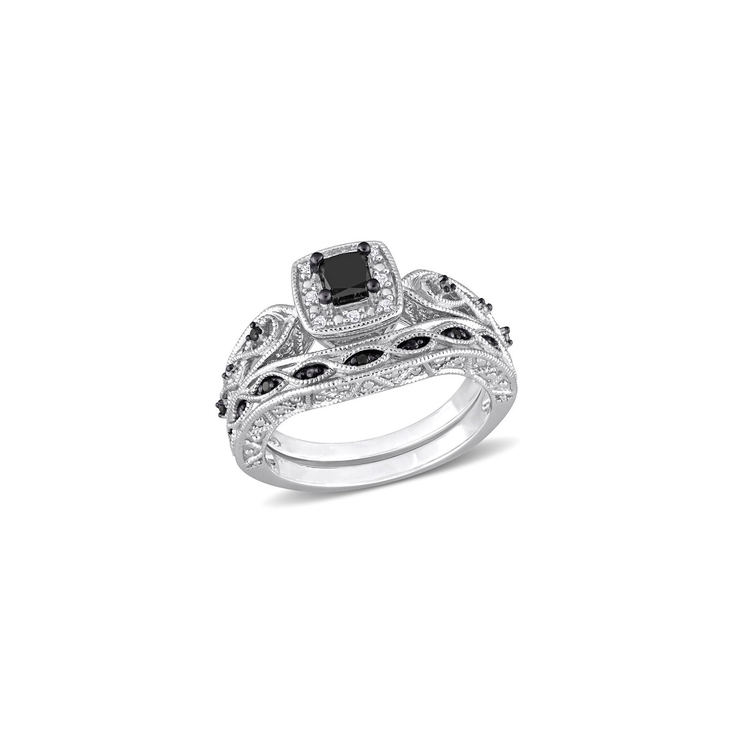 2/3 Carat Black Diamond Engagement Ring and Wedding Band Set in Sterling Silver