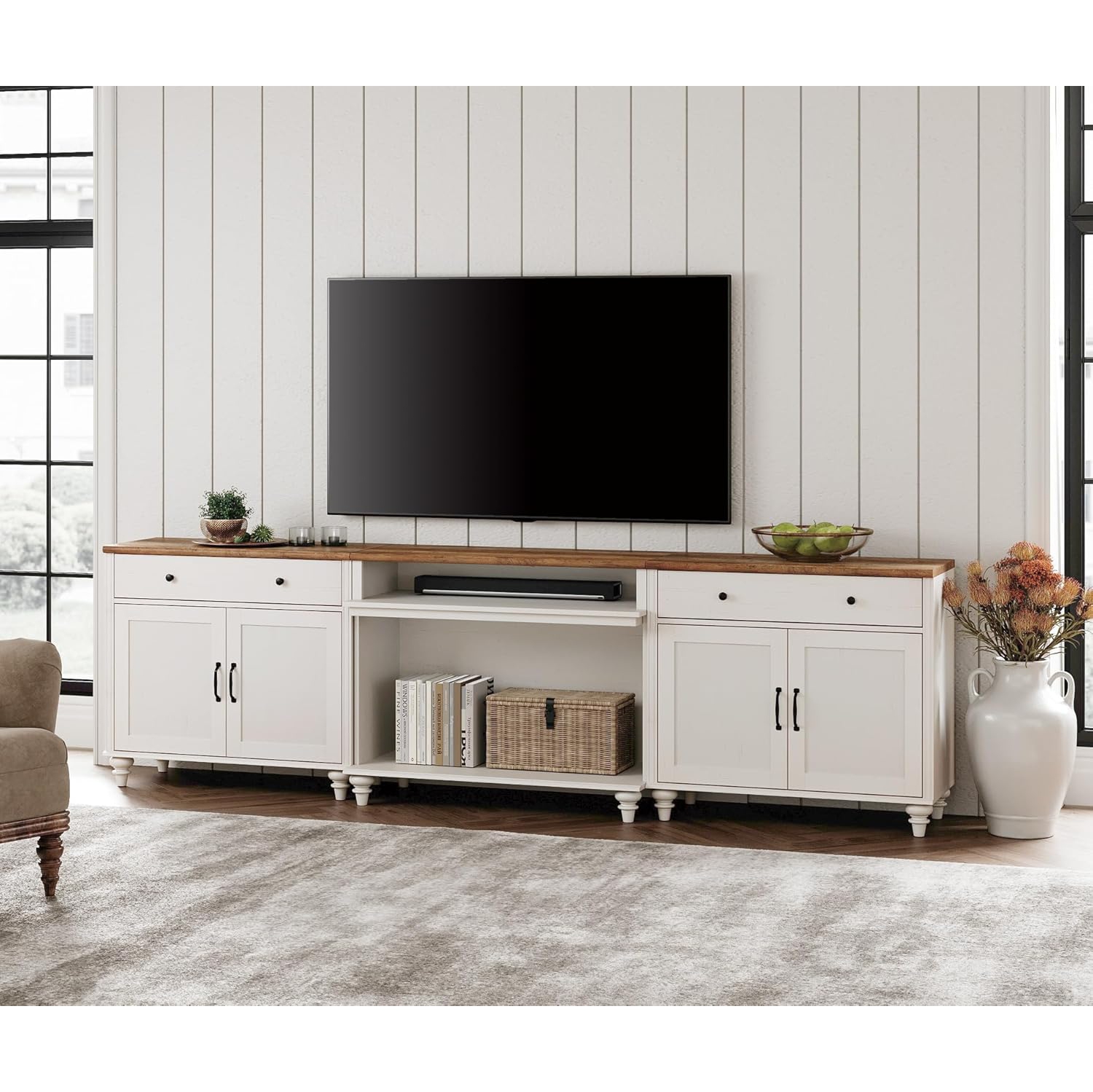 WAMPAT Farmhouse TV Stand for TVs up to 100'', Home Entertainment Center with 8 Storages for 75/80/85/90 inch TV, Large TV Console Table for Living