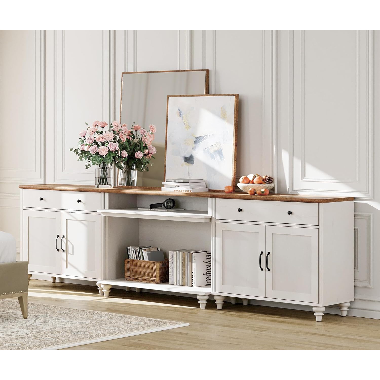 WAMPAT Farmhouse TV Stand for TVs up to 100'', Home Entertainment Center with 8 Storages for 75/80/85/90 inch TV, Large TV Console Table for Living