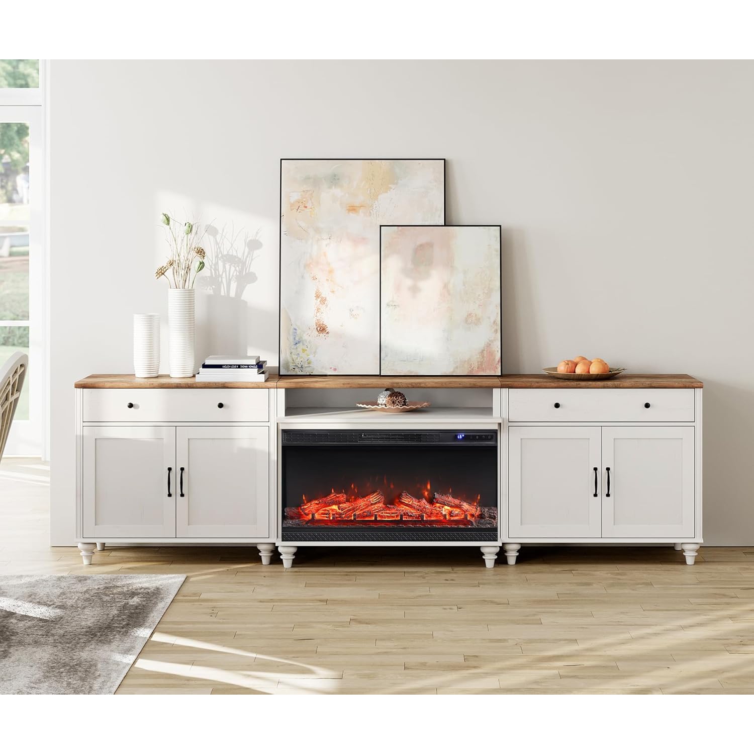 Meuble en verre à 3 côtés avec foyer pour téléviseur 100/90/85 pouces, centre de divertissement avec foyer électrique de 36&nbsp;po, console en bois