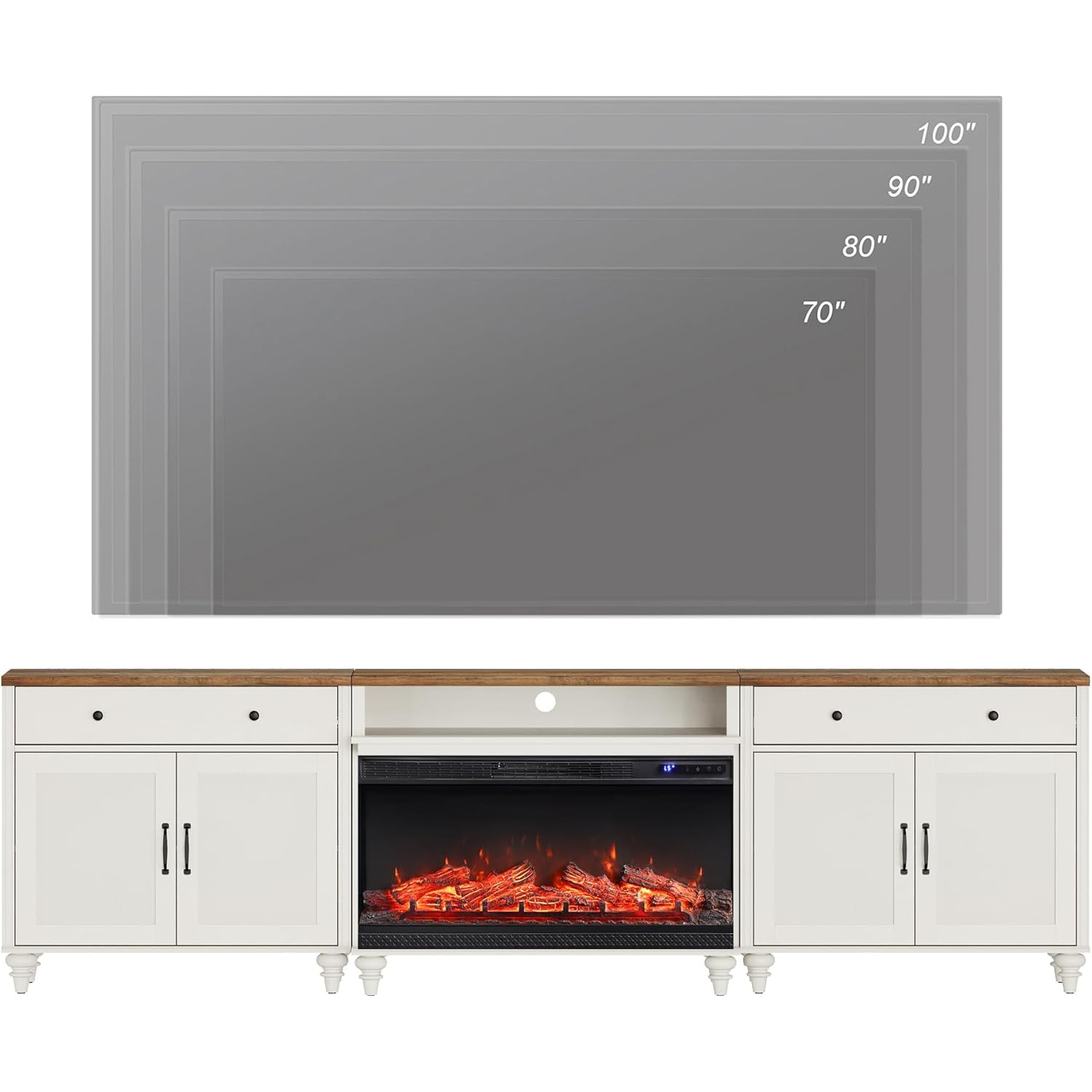 Meuble en verre à 3 côtés avec foyer pour téléviseur 100/90/85 pouces, centre de divertissement avec foyer électrique de 36&nbsp;po, console en bois