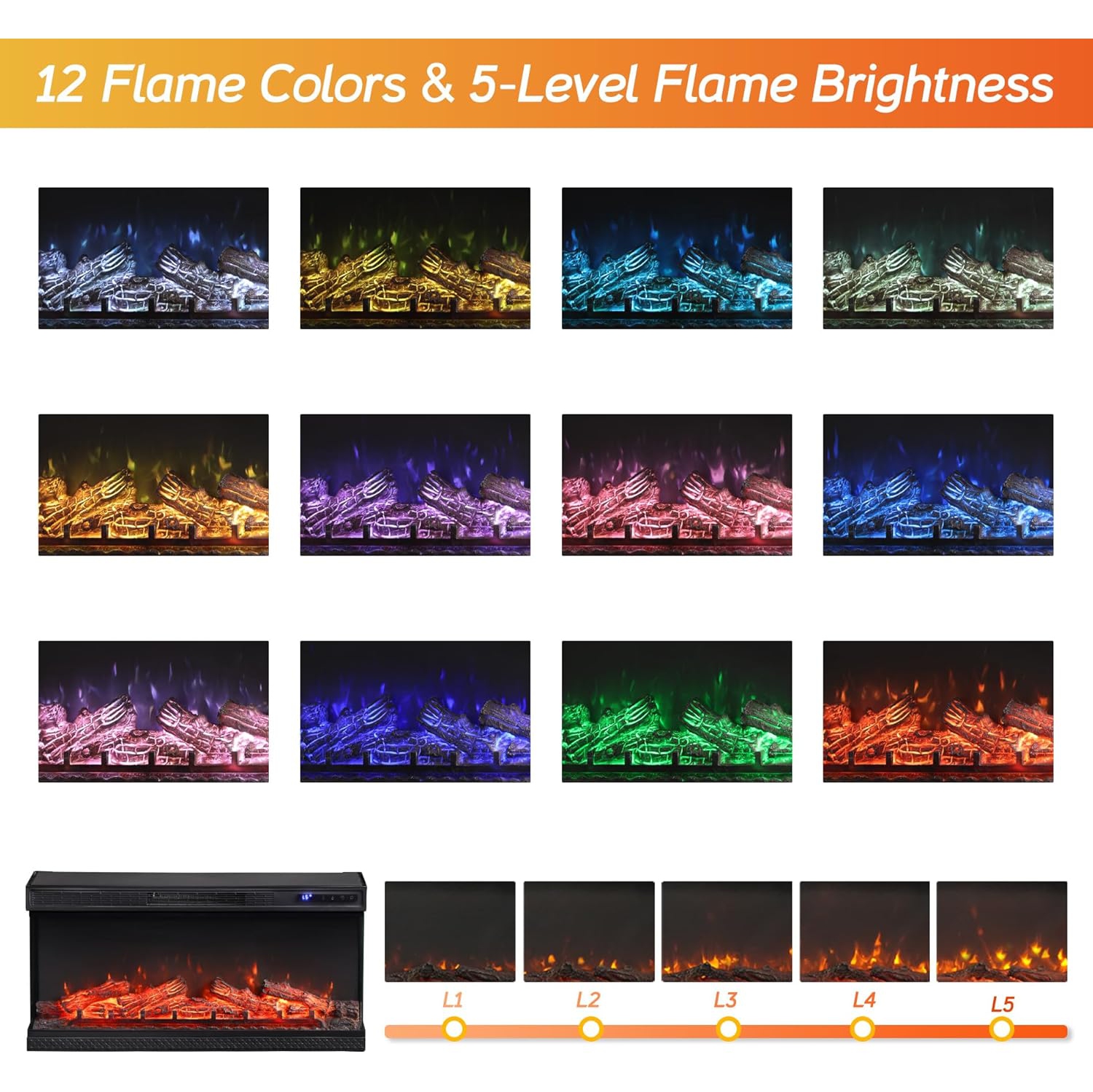Meuble en verre à 3 côtés avec foyer pour téléviseur 100/90/85 pouces, centre de divertissement avec foyer électrique de 36&nbsp;po, console en bois