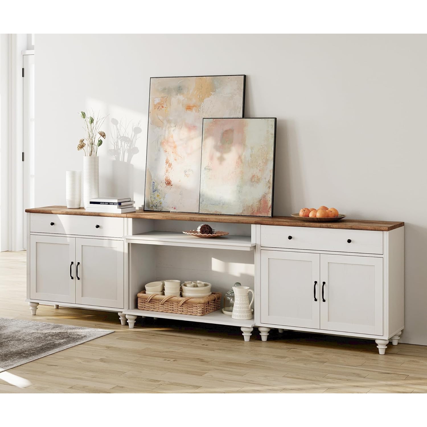 WAMAPT Buffet Cabinet with 4 Doors and 2 Drawers, Large Coffee Bar Tables Wood Kitchen Storage Cabinets, Farmhouse Sideboard Credenza with 2 Open