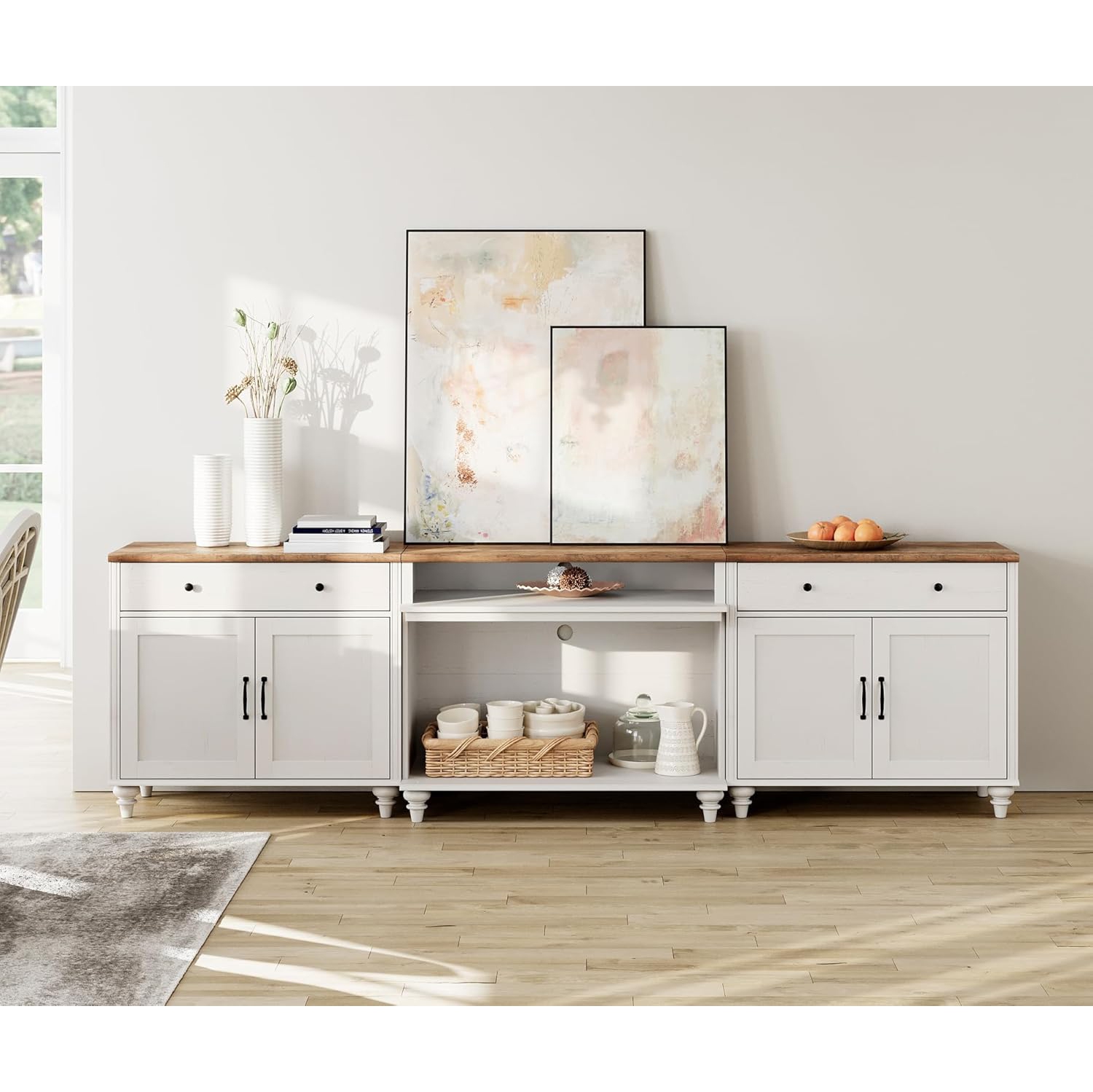 WAMAPT Buffet Cabinet with 4 Doors and 2 Drawers, Large Coffee Bar Tables Wood Kitchen Storage Cabinets, Farmhouse Sideboard Credenza with 2 Open
