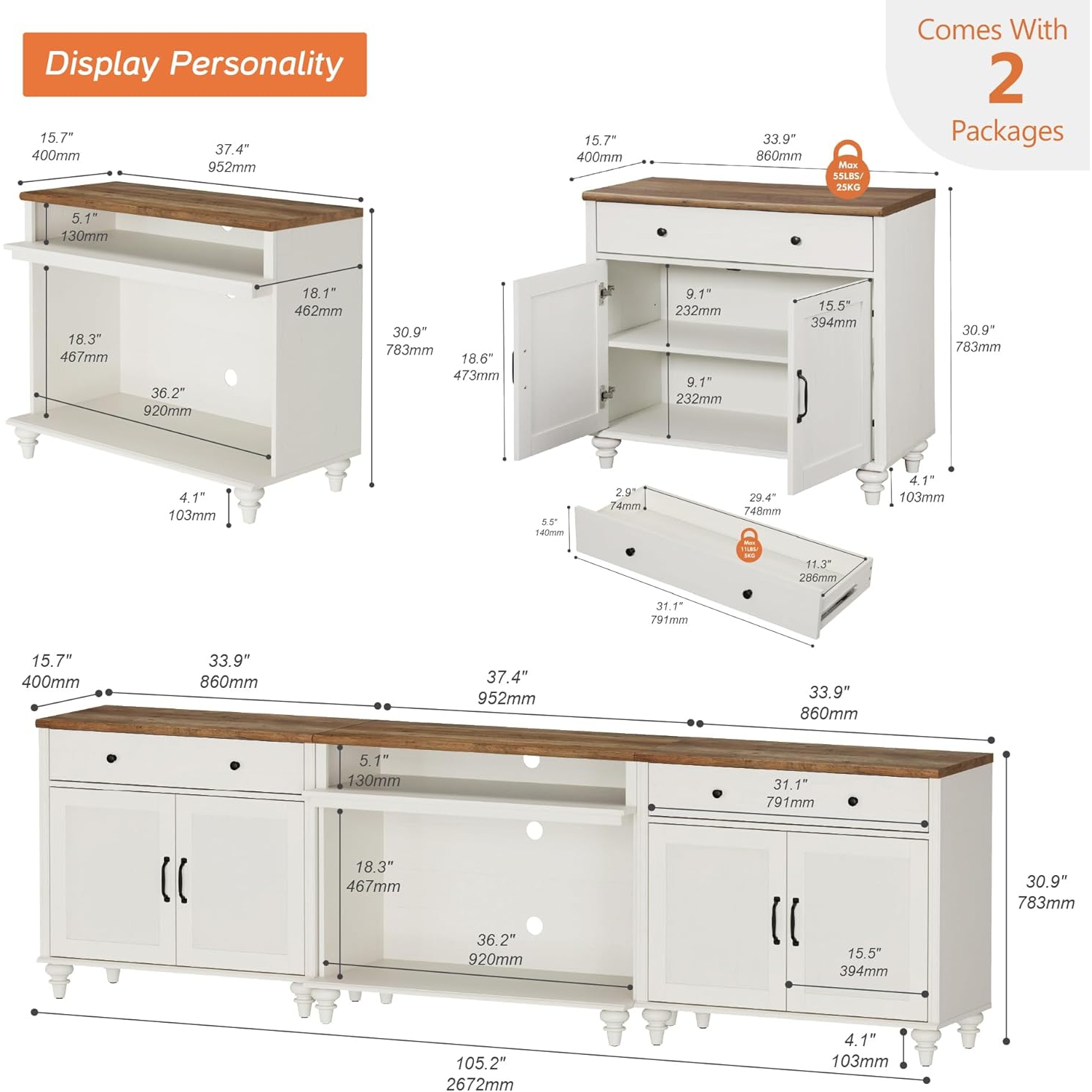 WAMAPT Buffet Cabinet with 4 Doors and 2 Drawers, Large Coffee Bar Tables Wood Kitchen Storage Cabinets, Farmhouse Sideboard Credenza with 2 Open