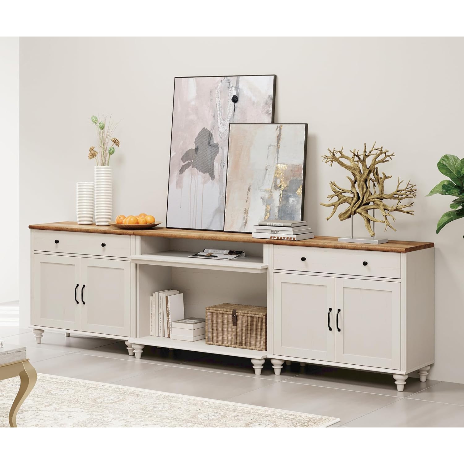 WAMAPT Buffet Cabinet with 4 Doors and 2 Drawers, Large Coffee Bar Tables Wood Kitchen Storage Cabinets, Farmhouse Sideboard Credenza with 2 Open