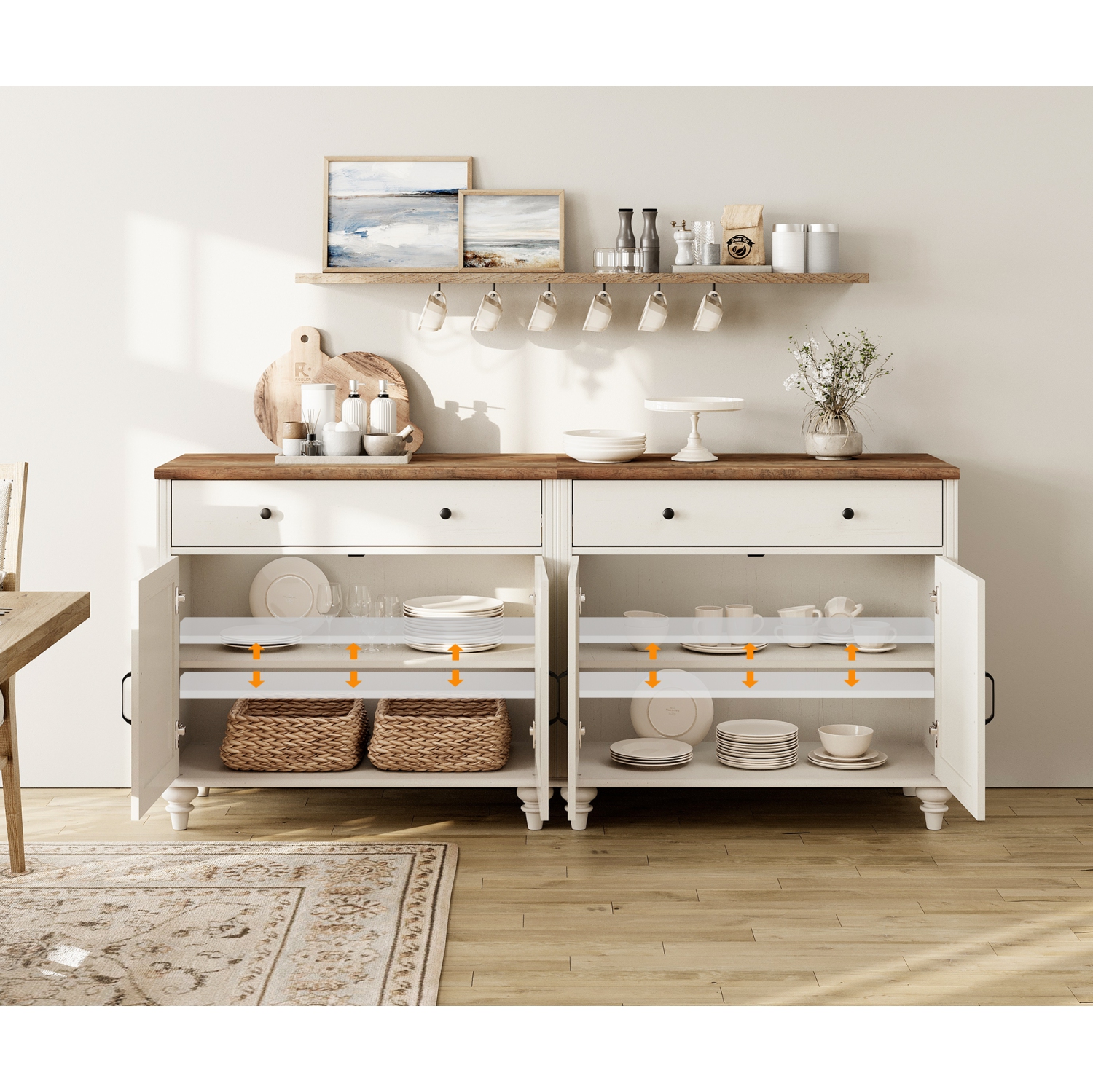 WAMAPT Buffet Cabinet with 4 Doors and 2 Drawers, Large Coffee Bar Tables Wood Kitchen Storage Cabinets, Farmhouse Sideboard Credenza with 2 Open