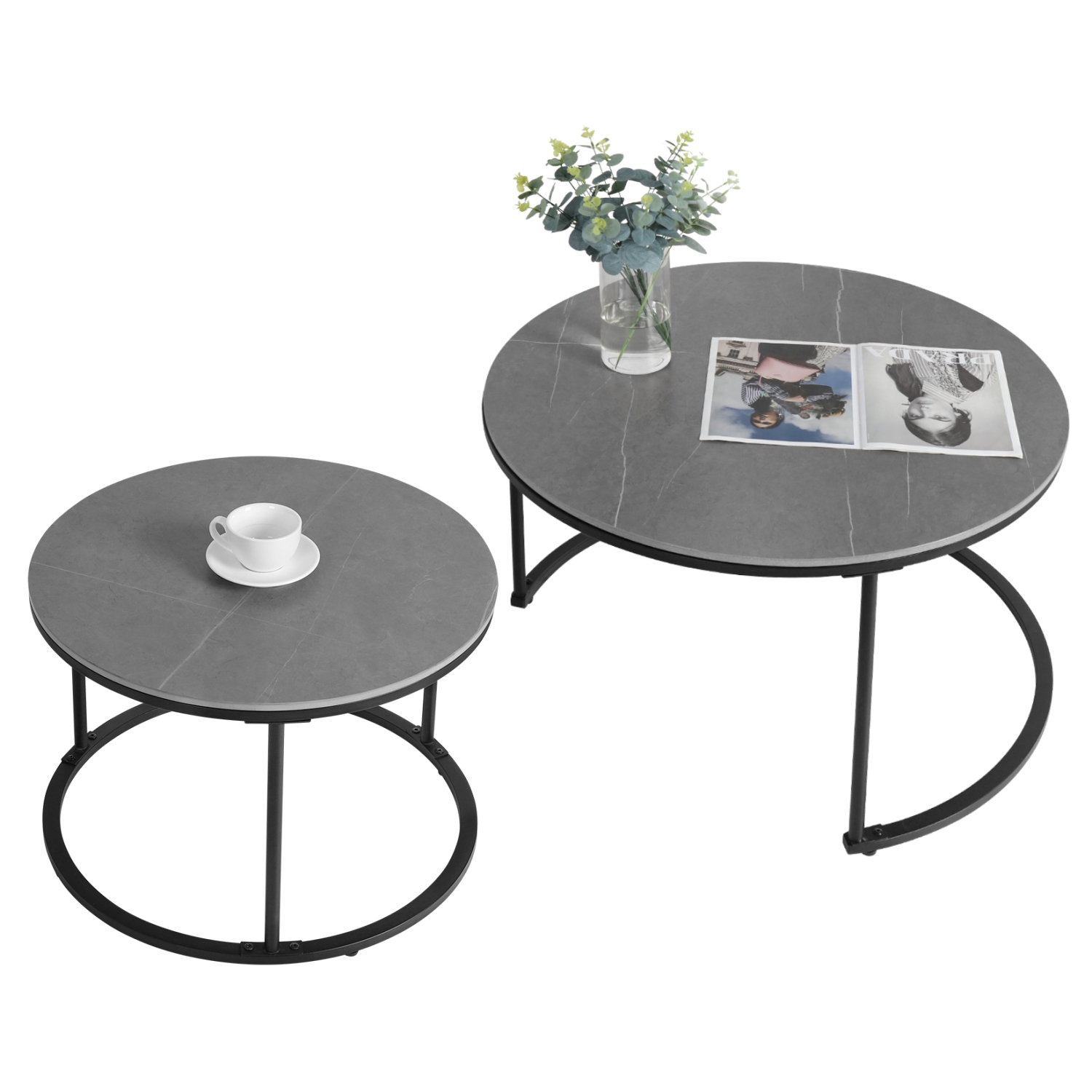 Round Nesting Table Marble: Set of 2 Modern Low Tables Sintered Stone Top Plate Black Steel Legs Circle Center Accent Table for Living Room Apartment