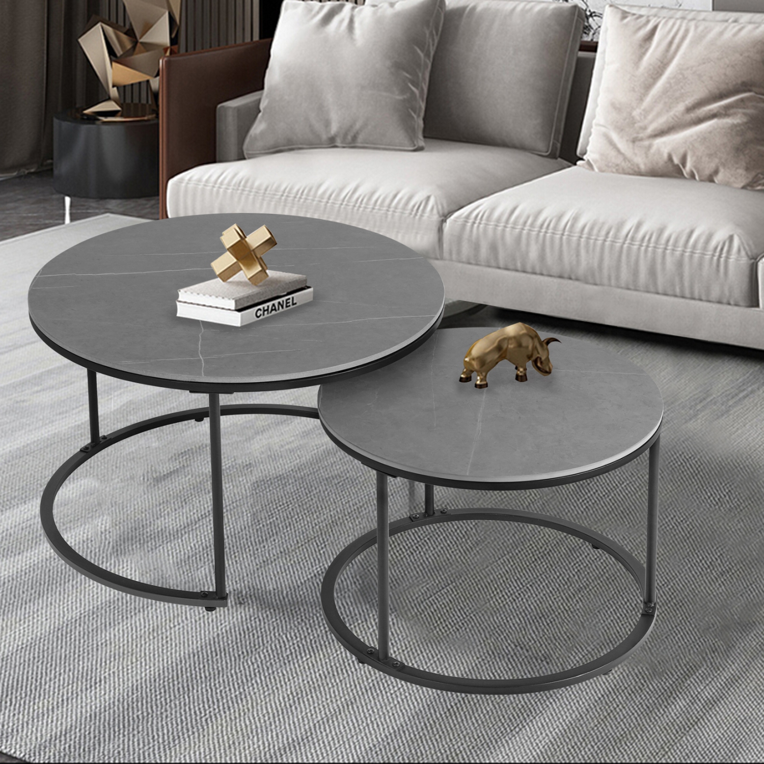 Round Nesting Table Marble: Set of 2 Modern Low Tables Sintered Stone Top Plate Black Steel Legs Circle Center Accent Table for Living Room Apartment