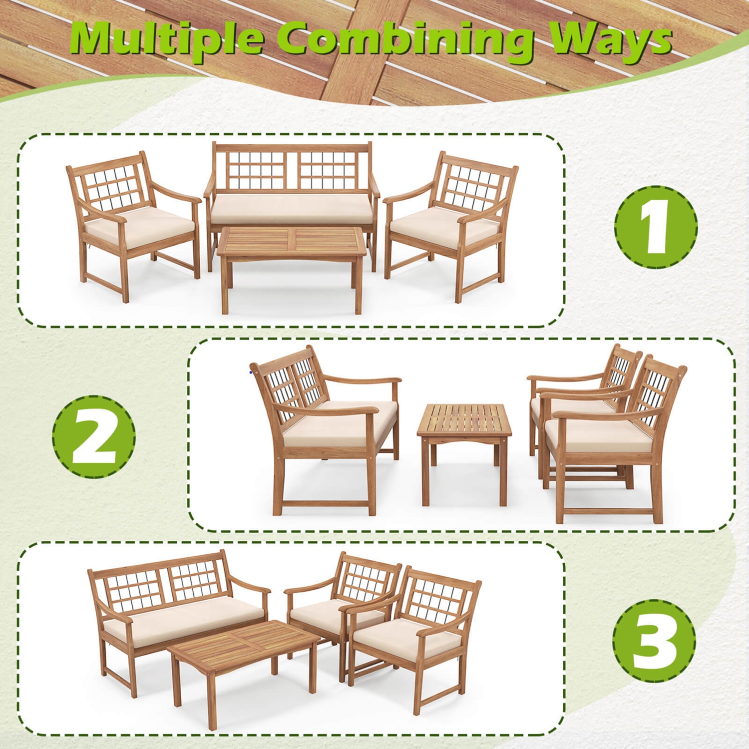 Gymax Set of 4 Wood Furniture Set w/ Seat Cushions & Solid Acacia Wood Frame Outdoor