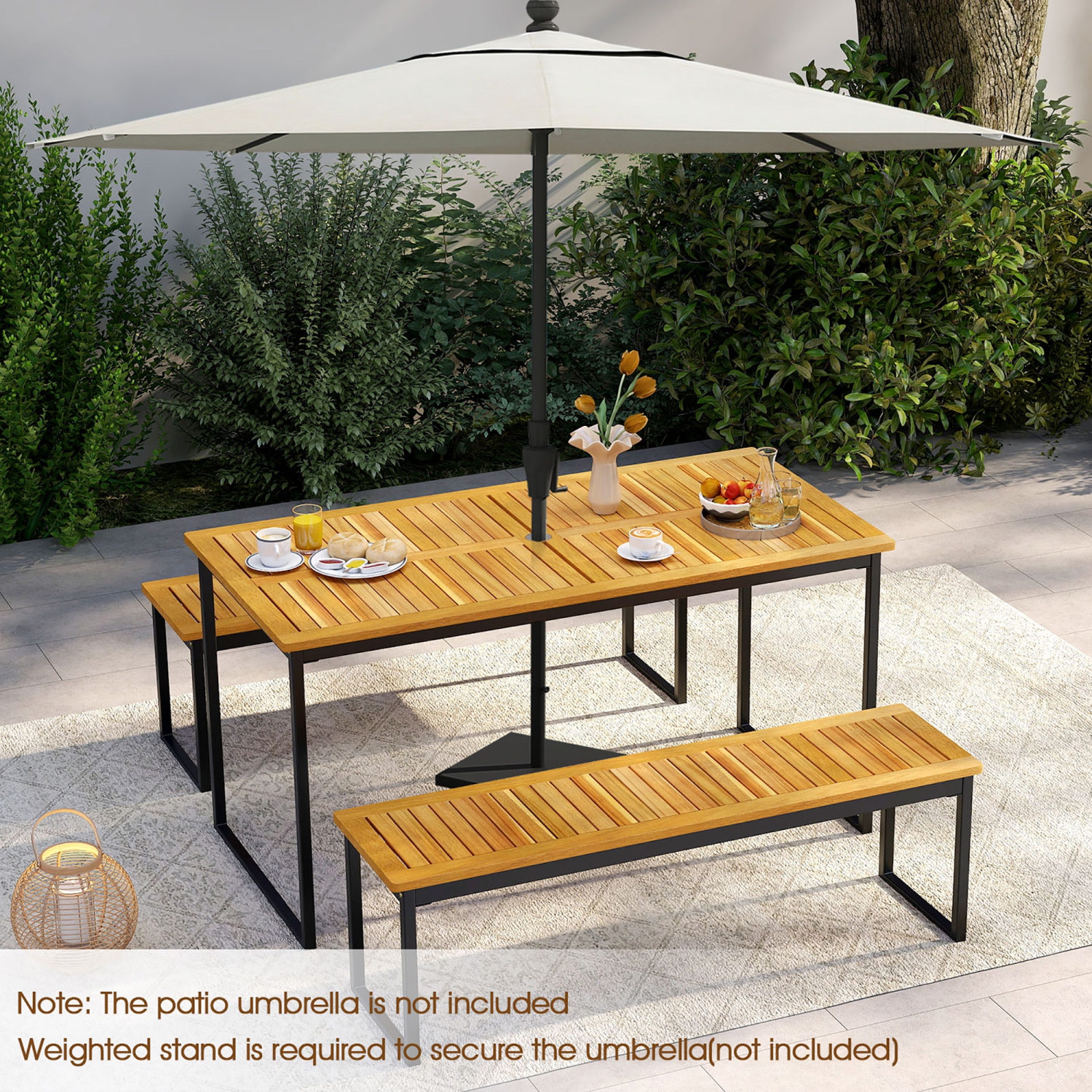 Gymax 3 PCS Outdoor Dining Set for 6 w/Acacia Wood Tabletop Metal Frame Umbrella Hole