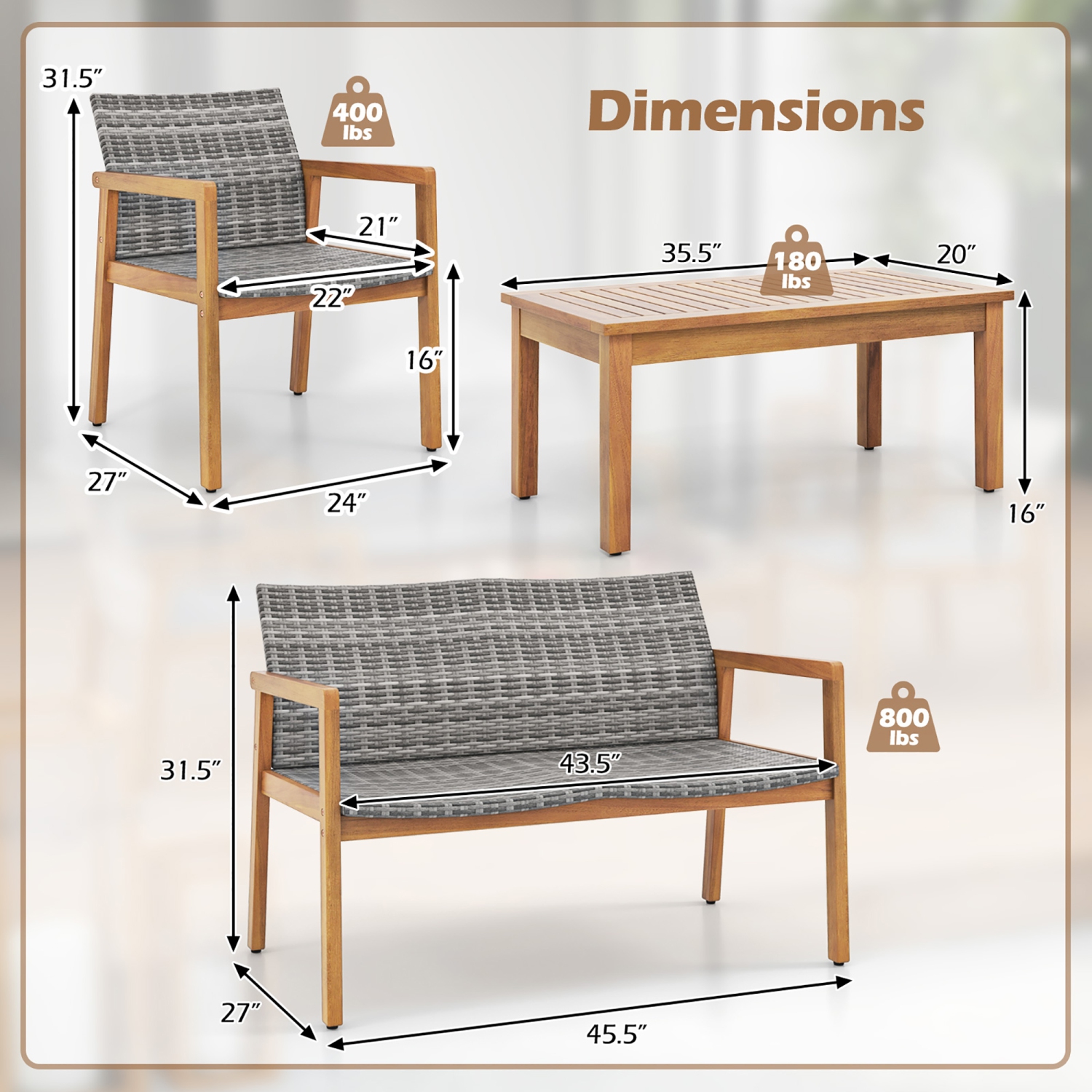 Gymax 4 Pieces Outdoor Furniture Set Acacia Wood Frame Sofa Set w/ Rattan Seat