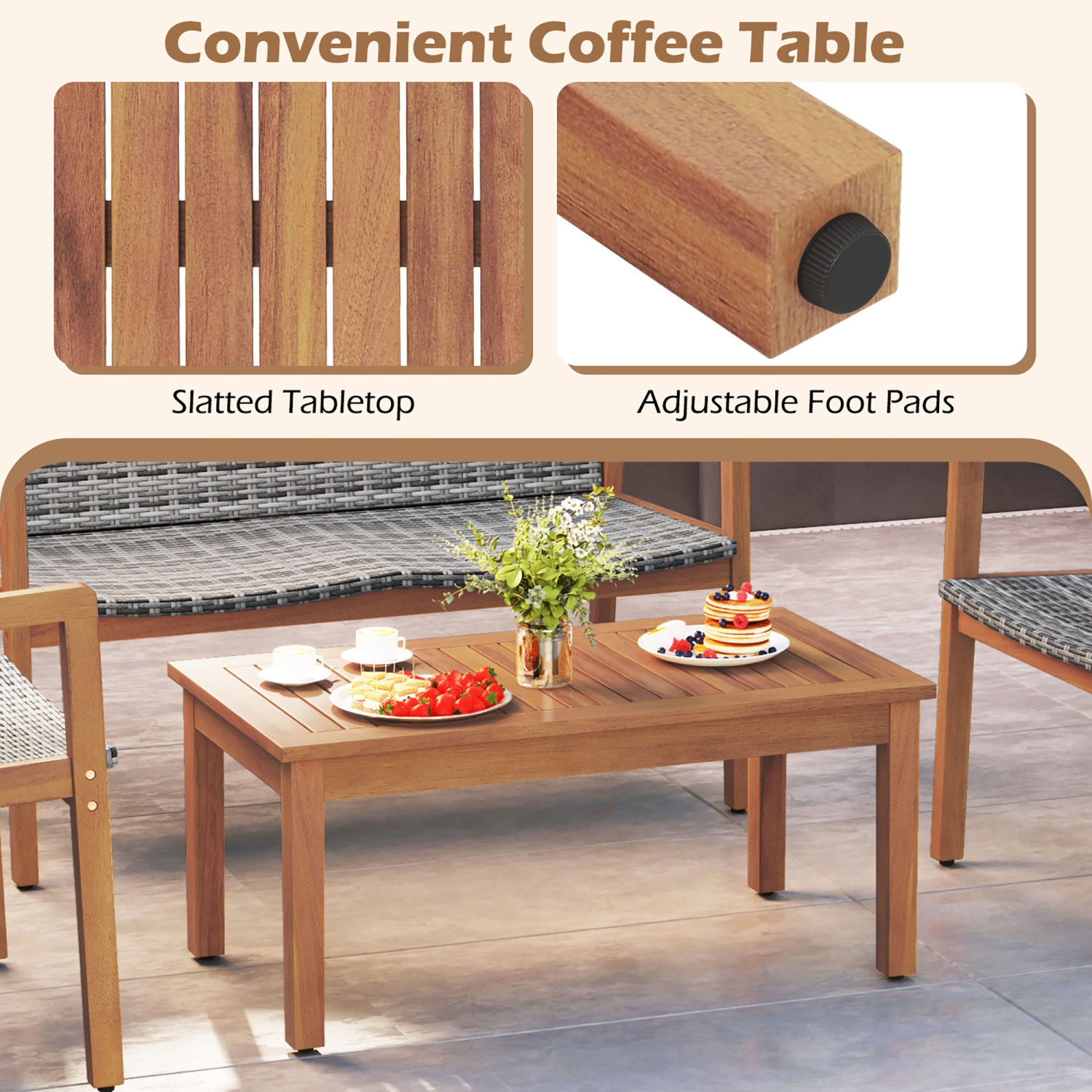 Gymax 4 Pieces Outdoor Furniture Set Acacia Wood Frame Sofa Set w/ Rattan Seat