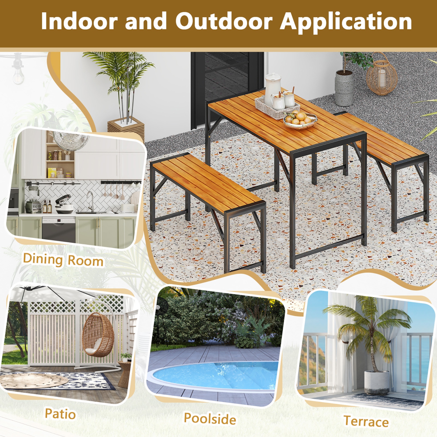 Gymax 3 PCS Dining Set for 4 People Outdoor Picnic Table & 2 Benches w/ Metal Frame