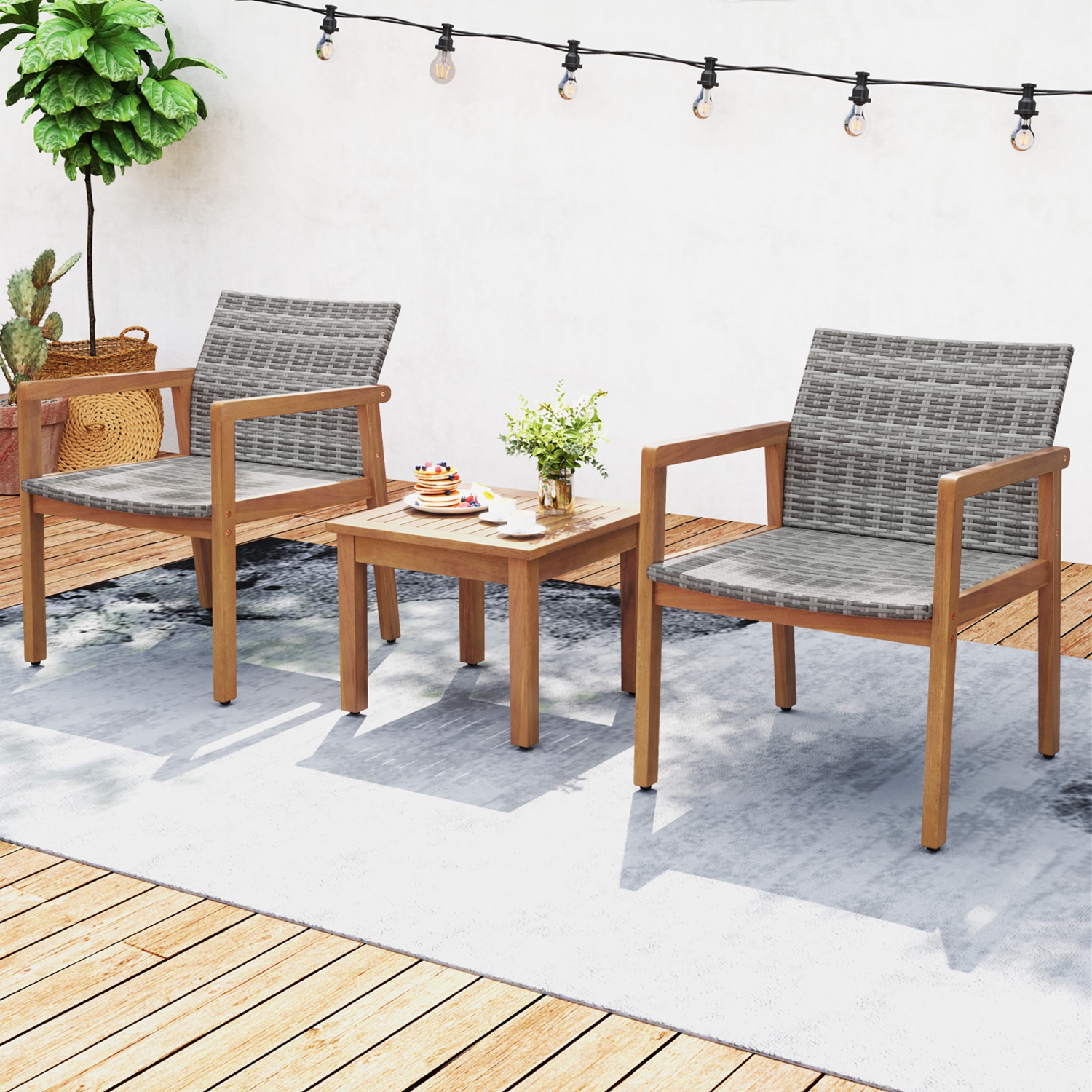Gymax 3 Pieces Outdoor Furniture Set Acacia Wood Frame Sofa Set w/ Rattan Seat