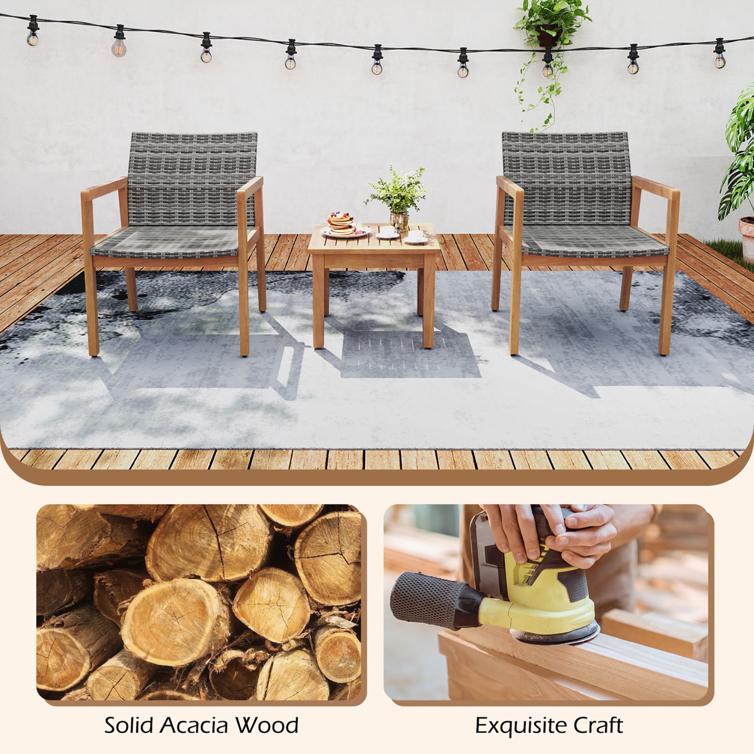 Gymax 3 Pieces Outdoor Furniture Set Acacia Wood Frame Sofa Set w/ Rattan Seat