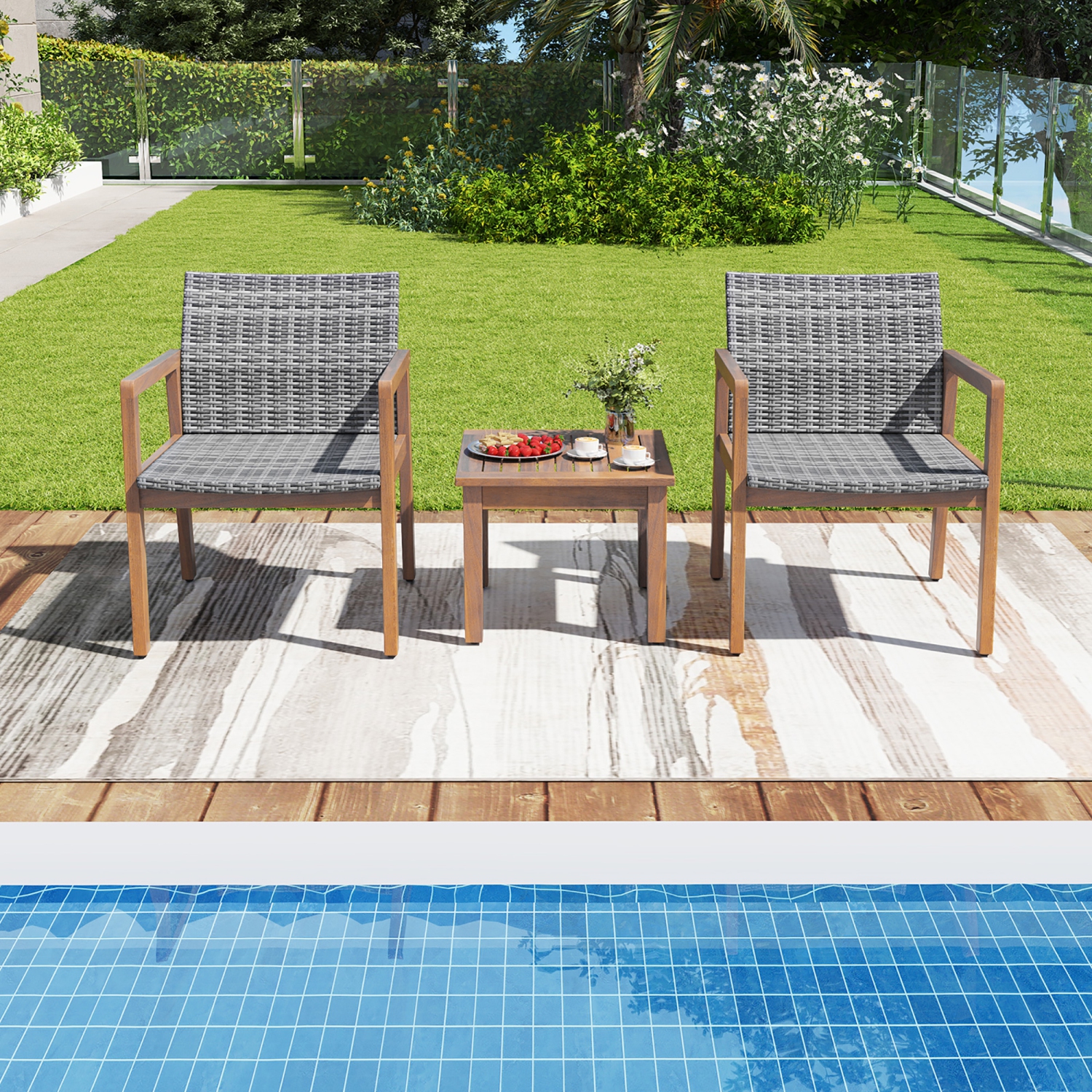 Gymax 3 Pieces Outdoor Furniture Set Acacia Wood Frame Sofa Set w/ Rattan Seat