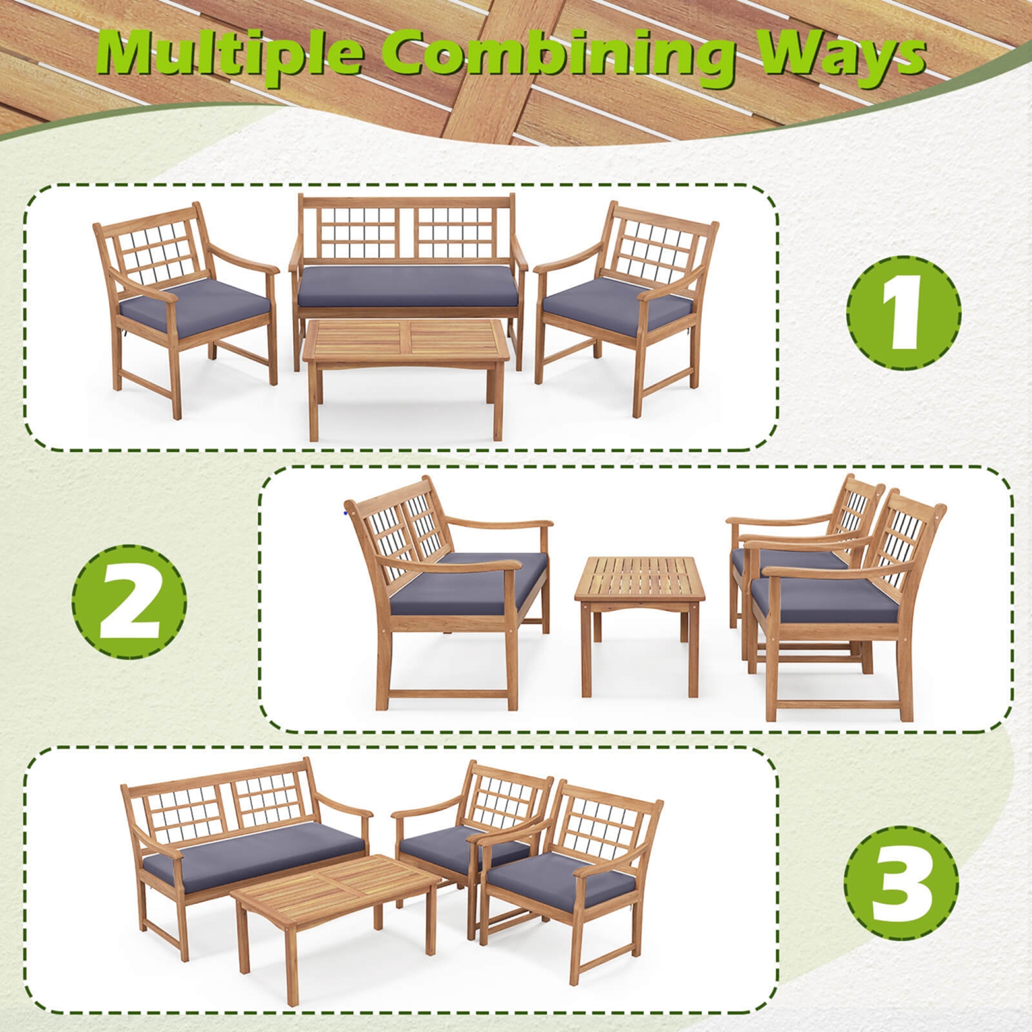 Gymax Set of 4 Wood Furniture Set w/ Seat Cushions & Solid Acacia Wood Frame Outdoor