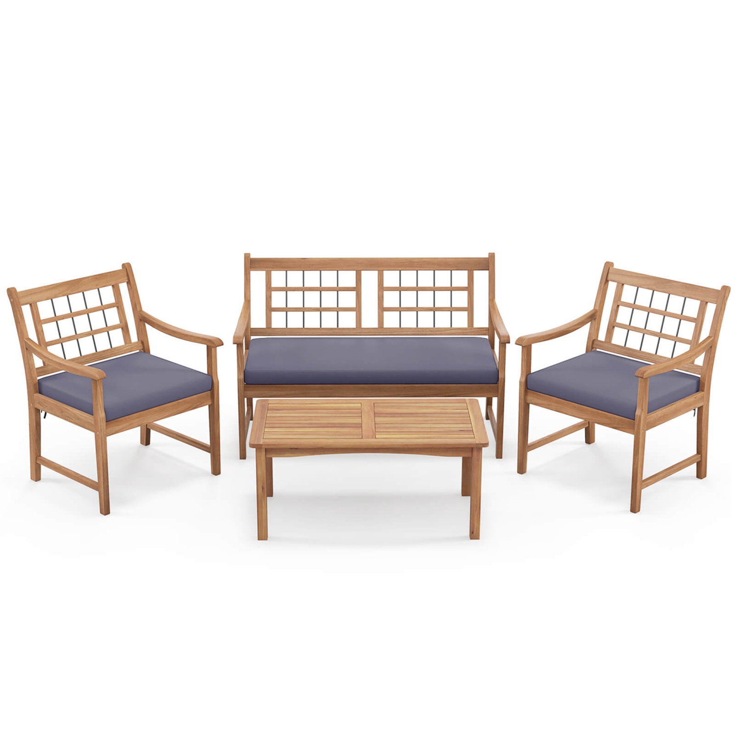 Gymax Set of 4 Wood Furniture Set w/ Seat Cushions & Solid Acacia Wood Frame Outdoor