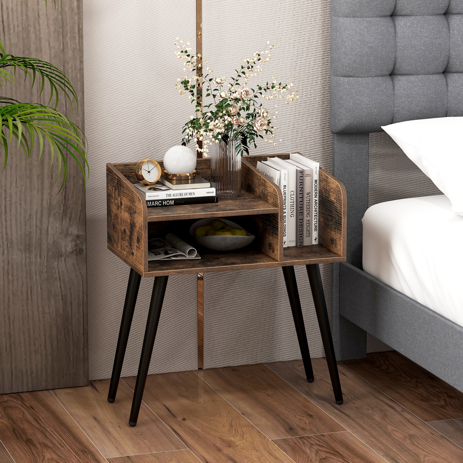 Gymax Set of 2 Mid Century Modern End Table w/ Open Shelves Metal Support Legs