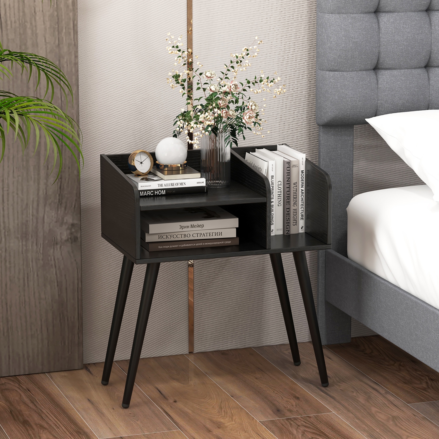 Gymax Set of 2 Mid Century Modern End Table w/ Open Shelves Metal Support Legs