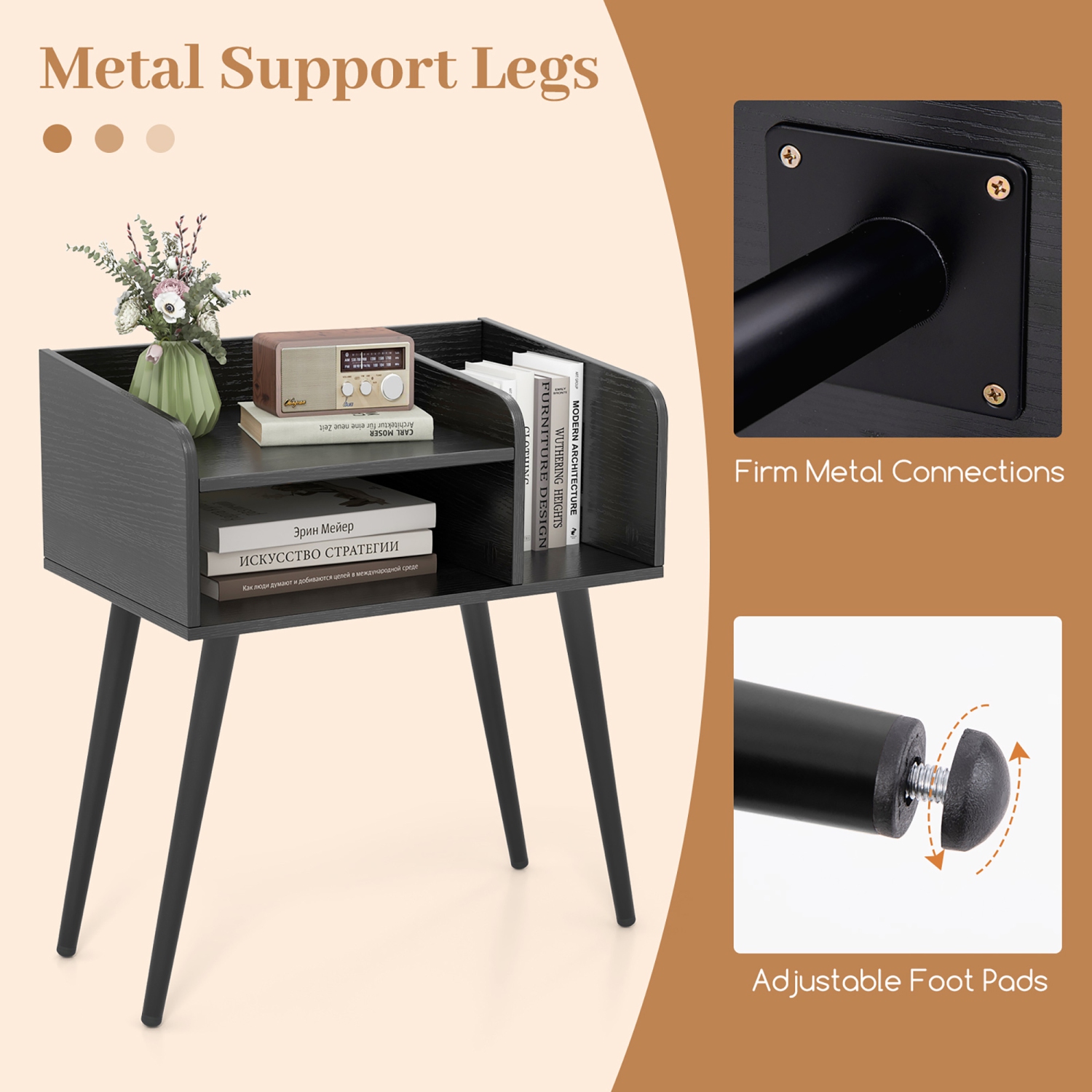 Gymax Set of 2 Mid Century Modern End Table w/ Open Shelves Metal Support Legs