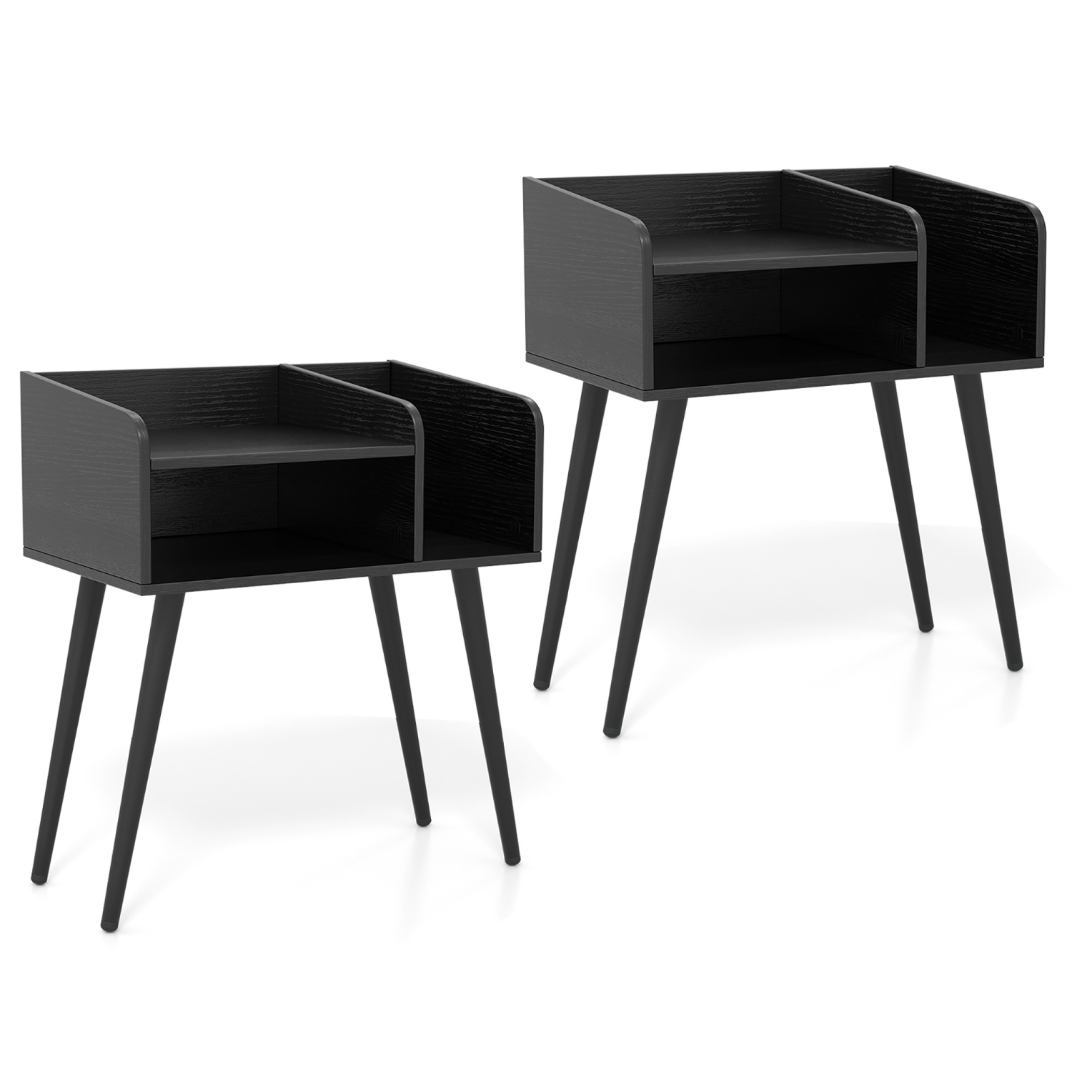 Gymax Set of 2 Mid Century Modern End Table w/ Open Shelves Metal Support Legs