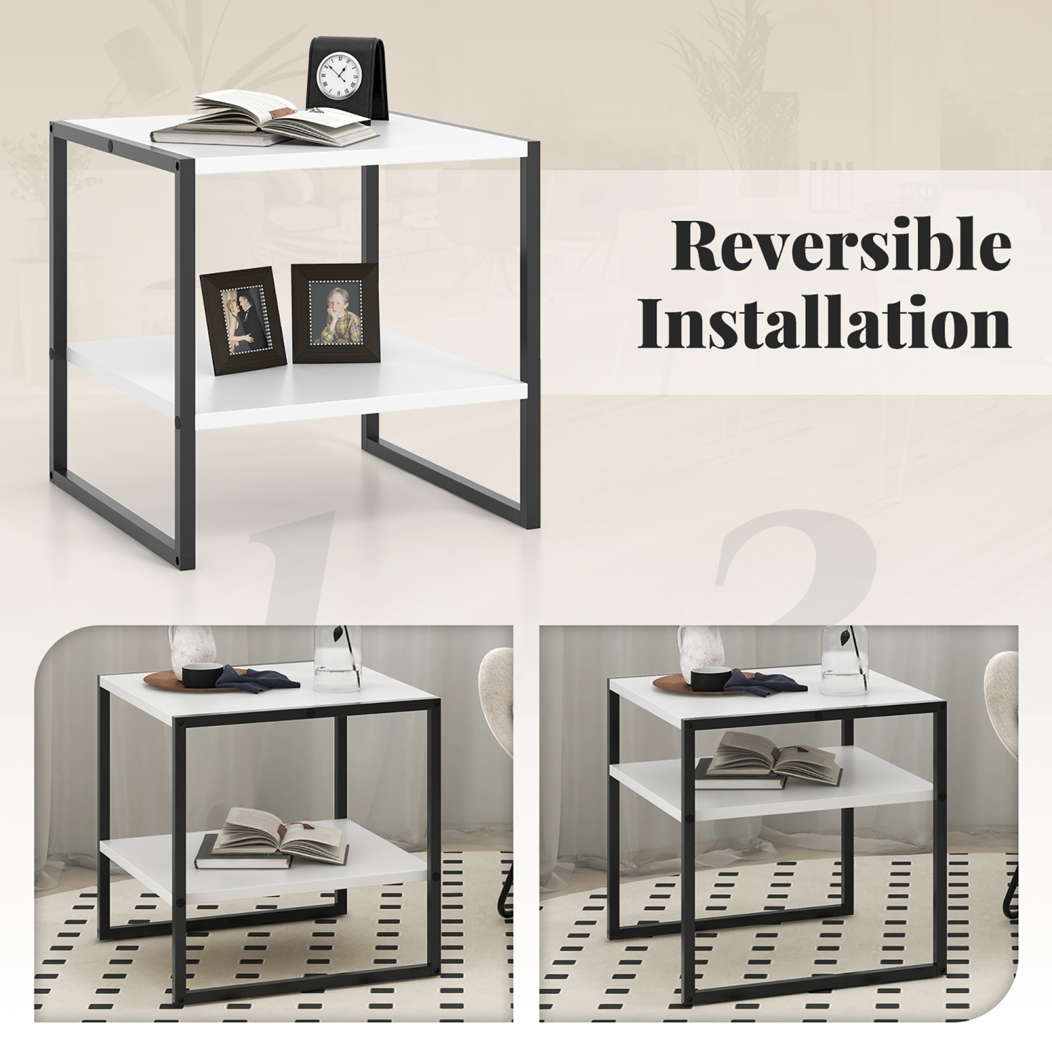 Gymax 20'' 2-Tier End Table w/ Storage Shelf Reversible Design for Living Room