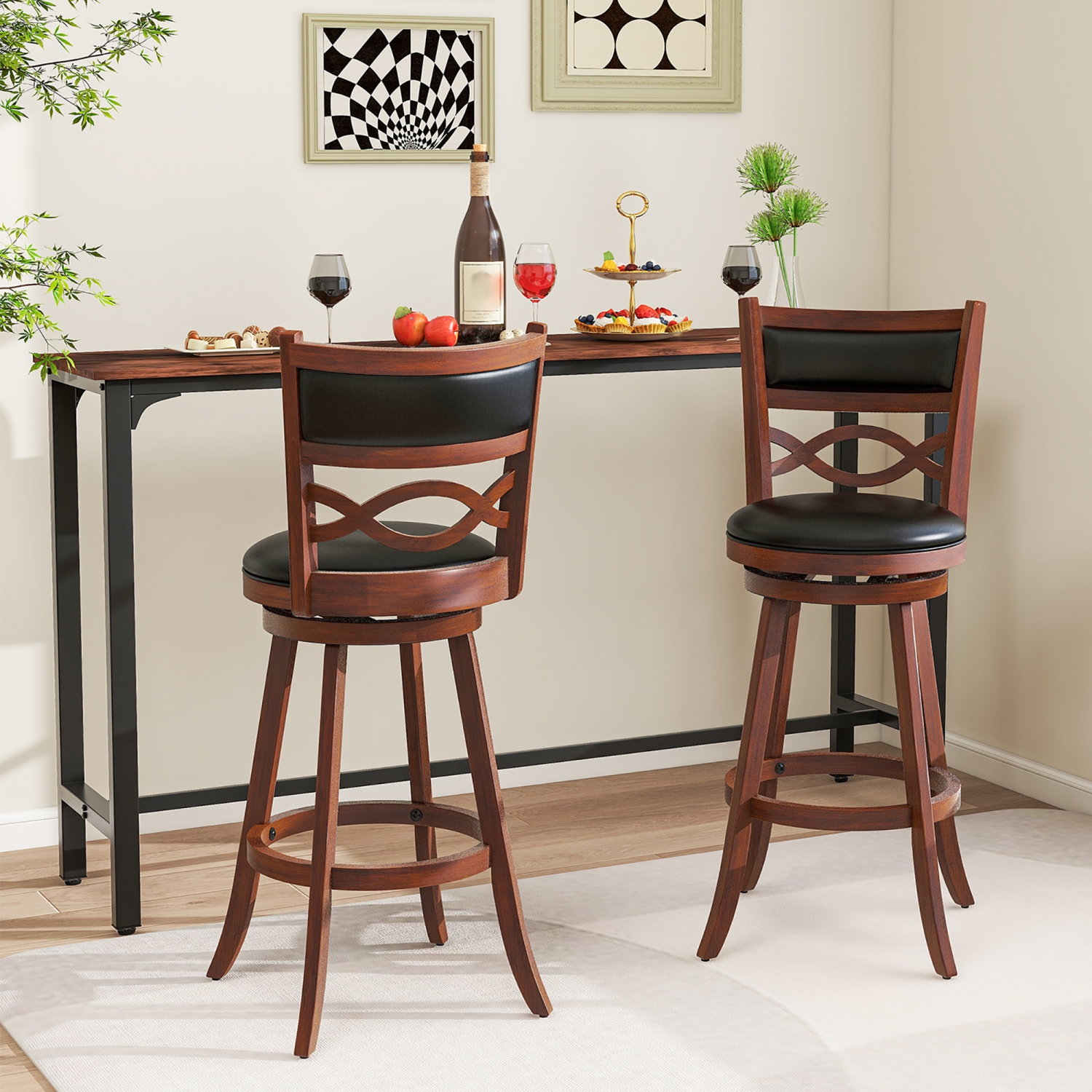Gymax 29'' Bar Height Stools Set of 2 w/Rubber Wood Frame Faux Leather Upholstered Seat
