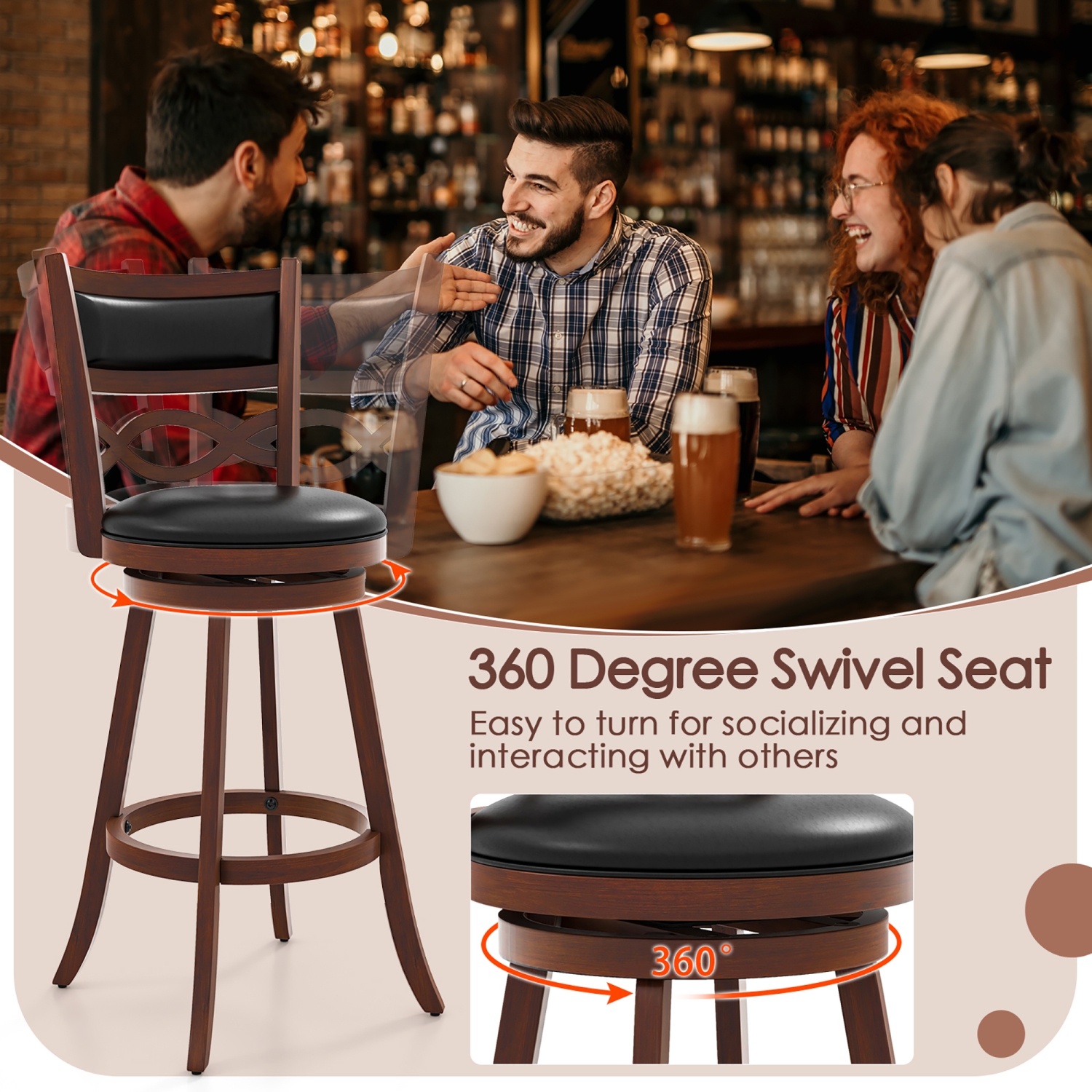 Gymax 29'' Bar Height Stools Set of 2 w/Rubber Wood Frame Faux Leather Upholstered Seat