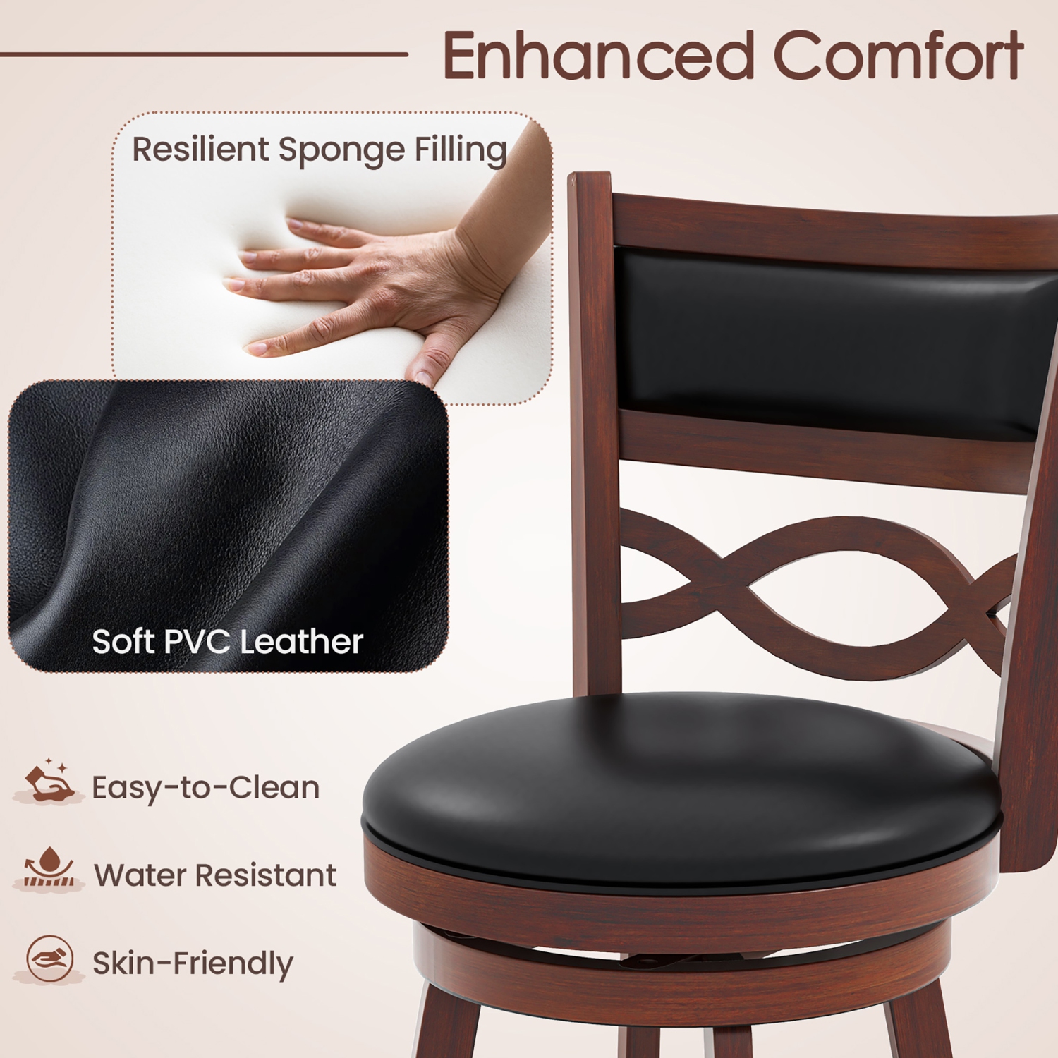 Gymax 29'' Bar Height Stools Set of 2 w/Rubber Wood Frame Faux Leather Upholstered Seat