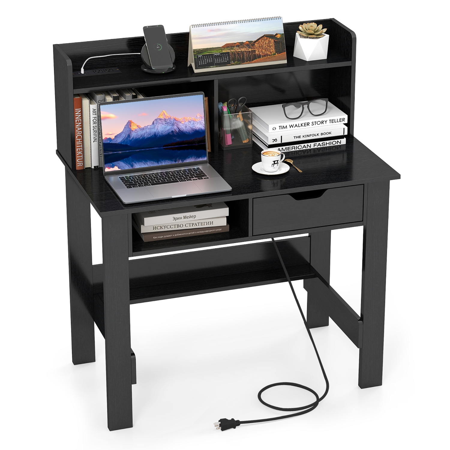 Gymax Computer Desk w/ Power Outlets & USB Ports & Type-C Hutch Open Shelf Drawer